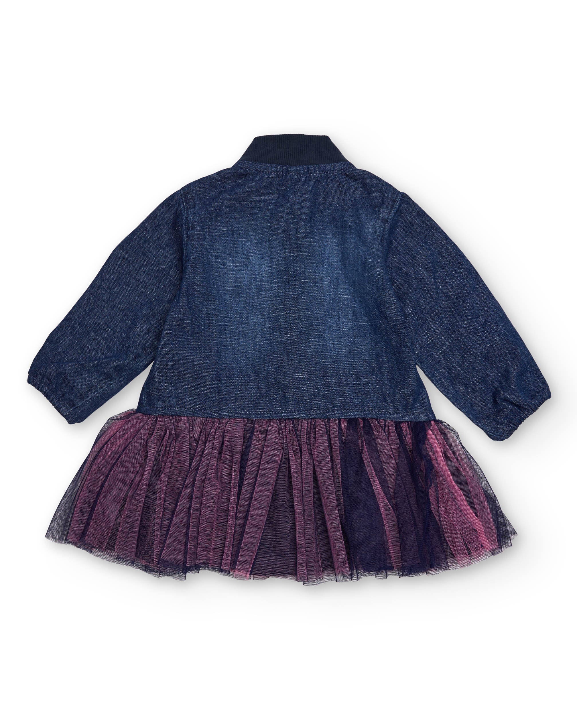 Vestido para niña de mezclilla con falda de tul y aplicaciones