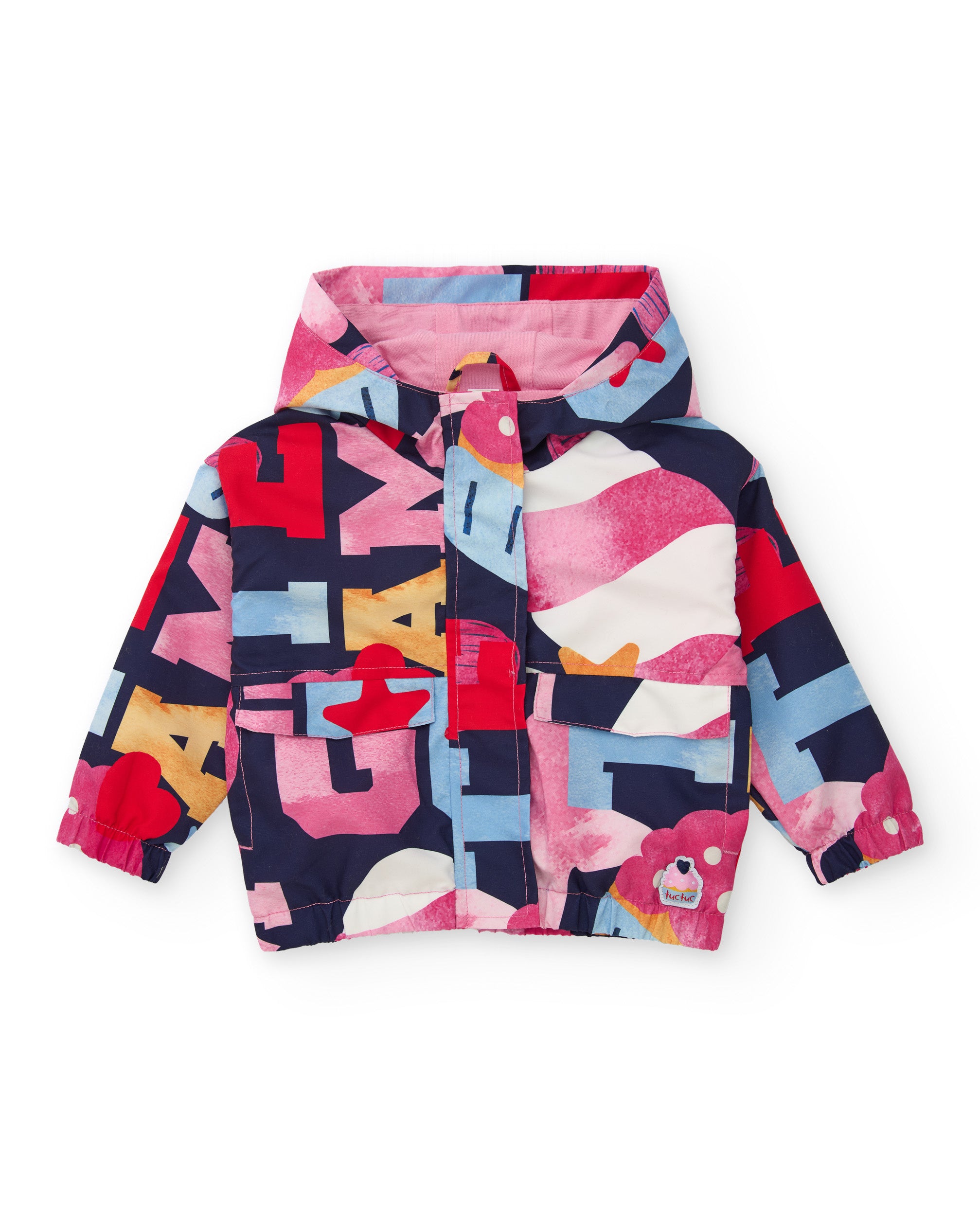 Chaqueta acolchada para niña con estampado colorido de letras y