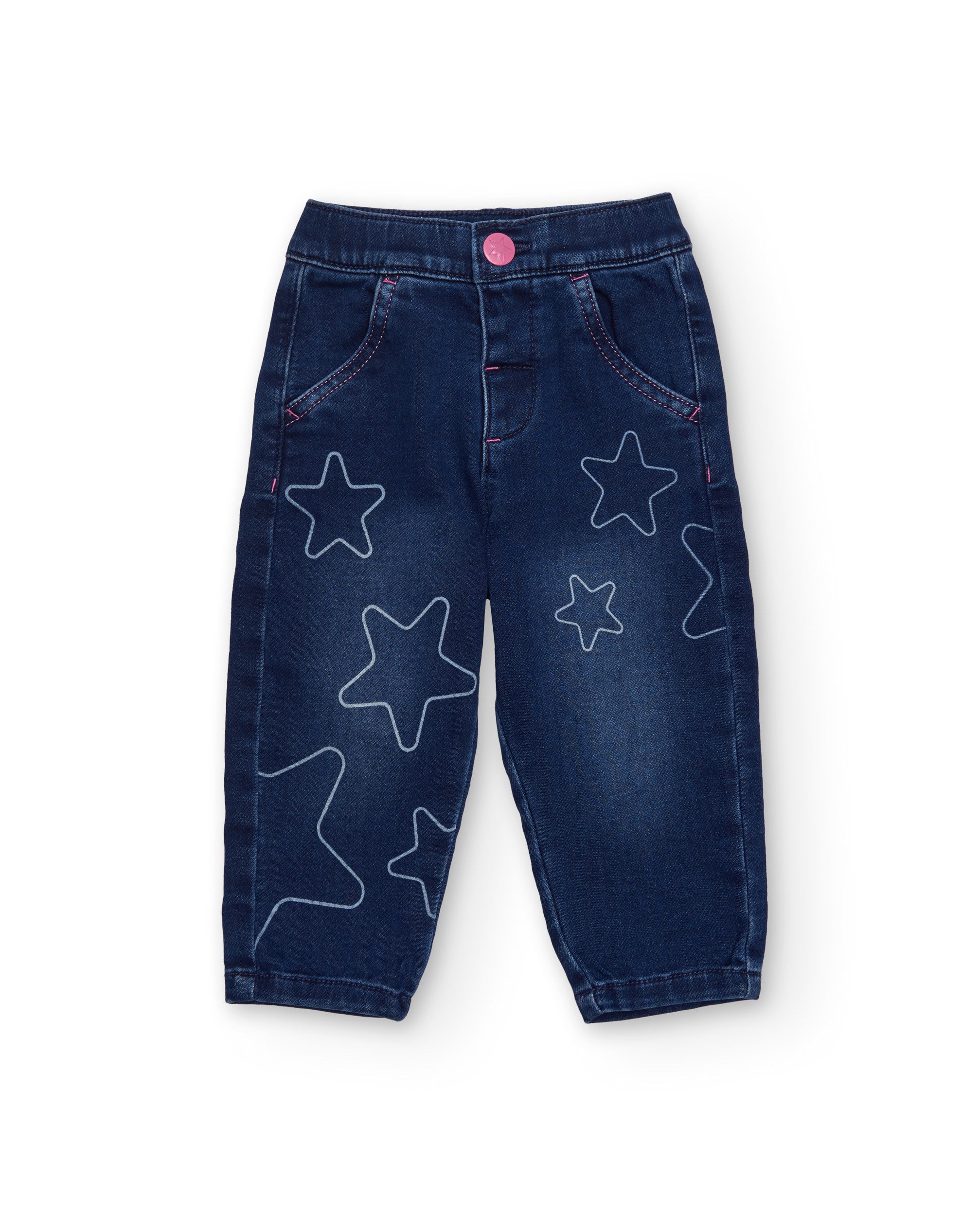 Pantalón vaquero para niña en azul con estampado de estrellas.