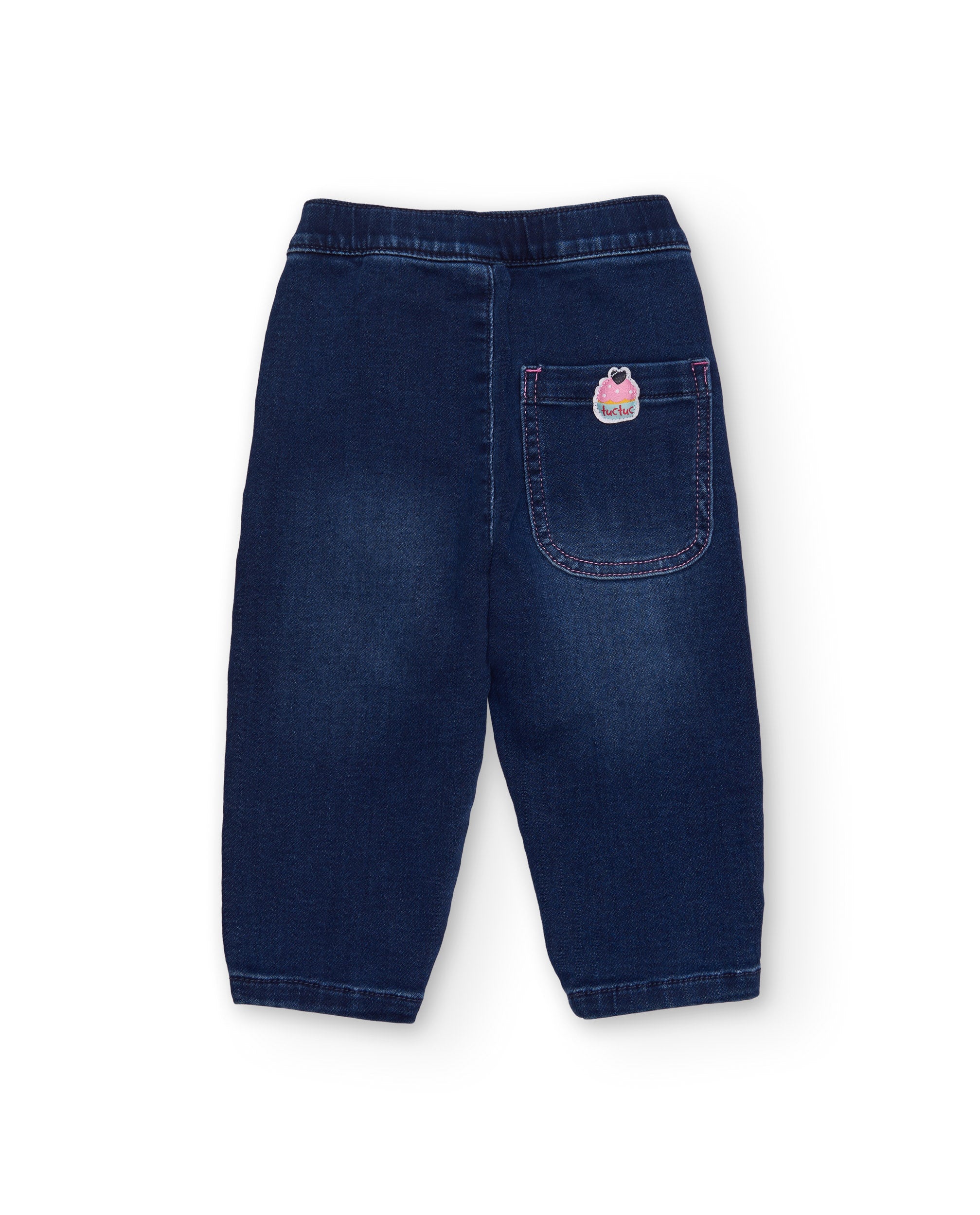 Pantalón vaquero para niña en azul con estampado de estrellas.