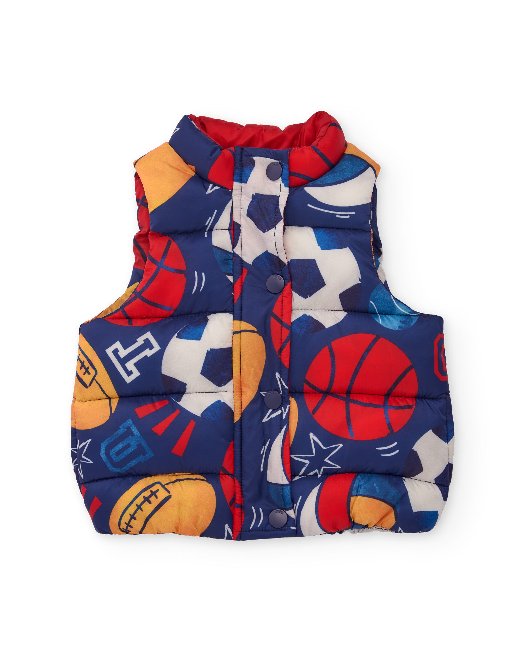 Chaleco acolchado para niño con estampado deportivo multicolor.