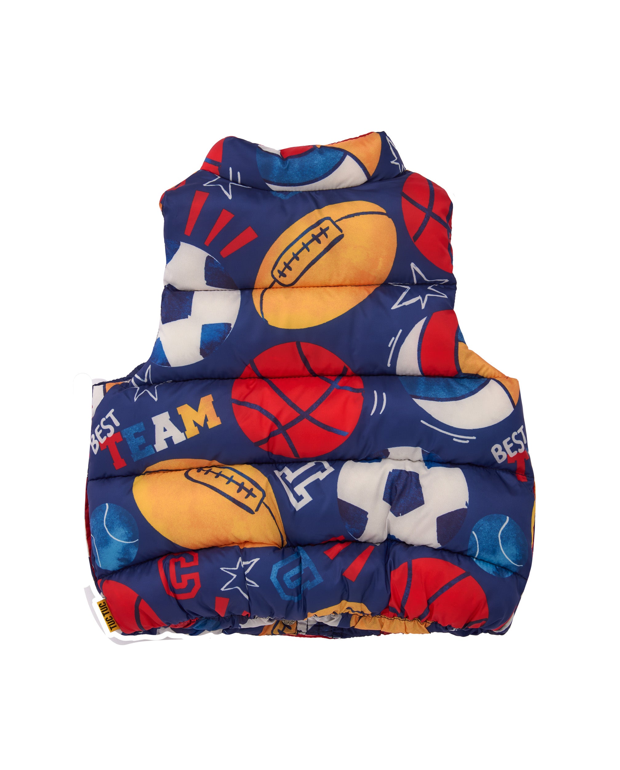 Chaleco acolchado para niño con estampado deportivo multicolor.