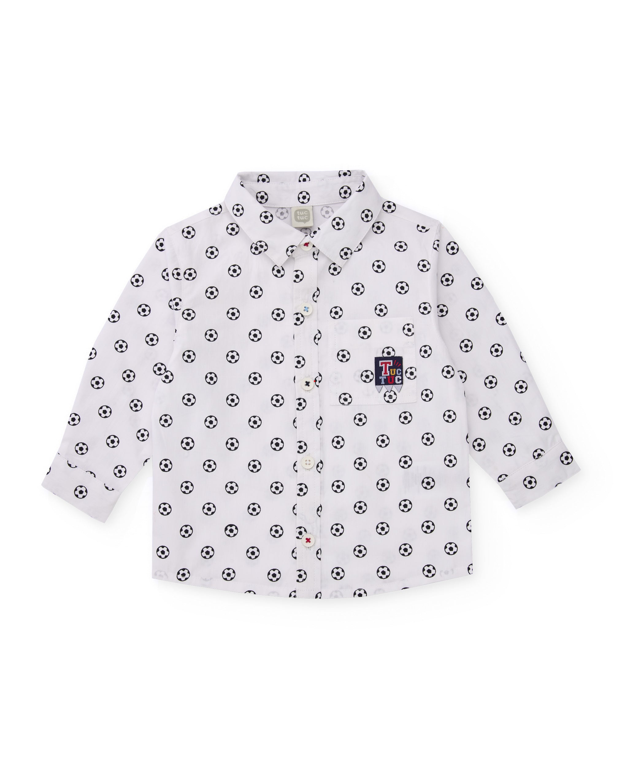 Camisa de popelín para niño en blanco con estampado de balones.