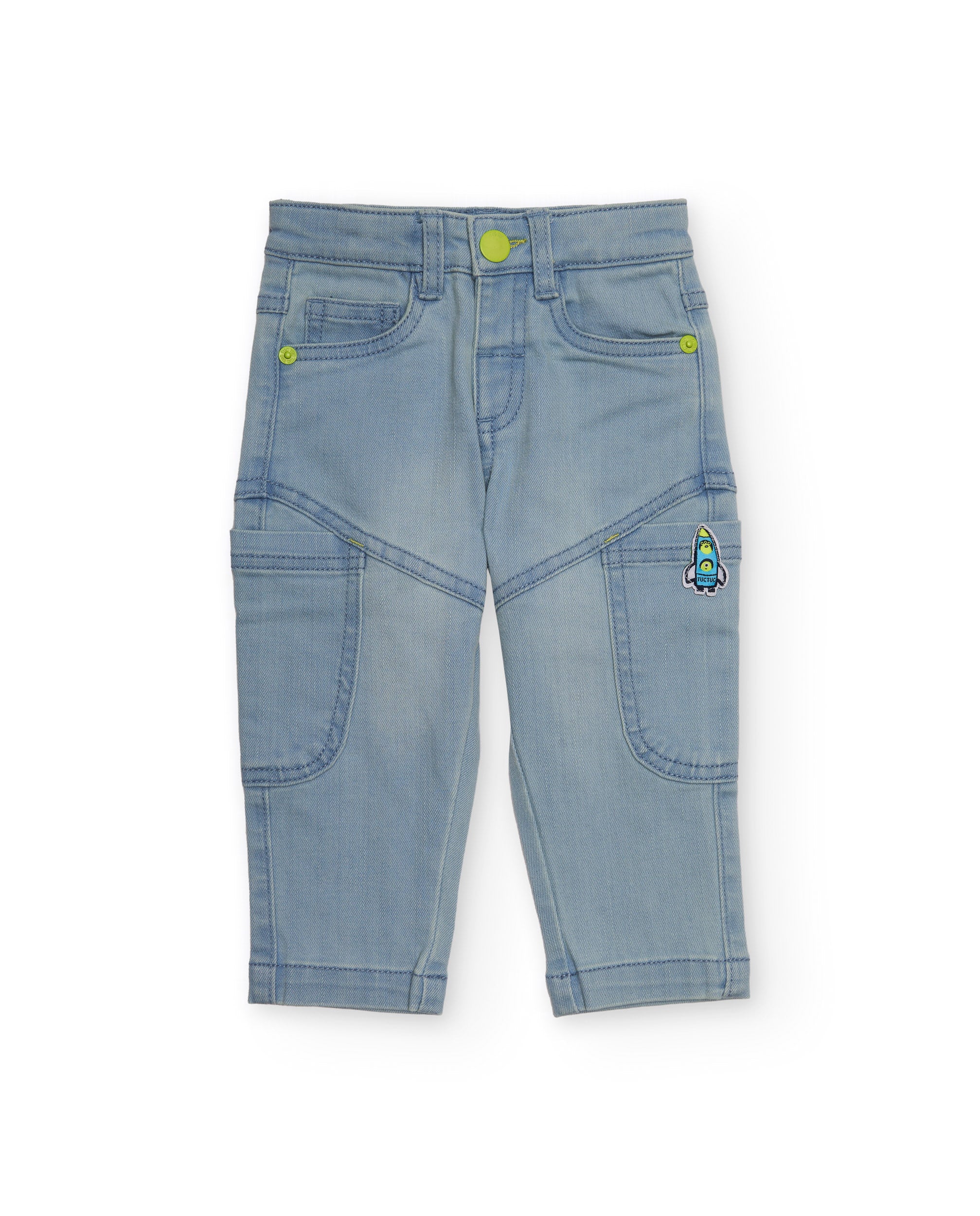 Pantalón denim para niño color azul claro con bordado de cohete.