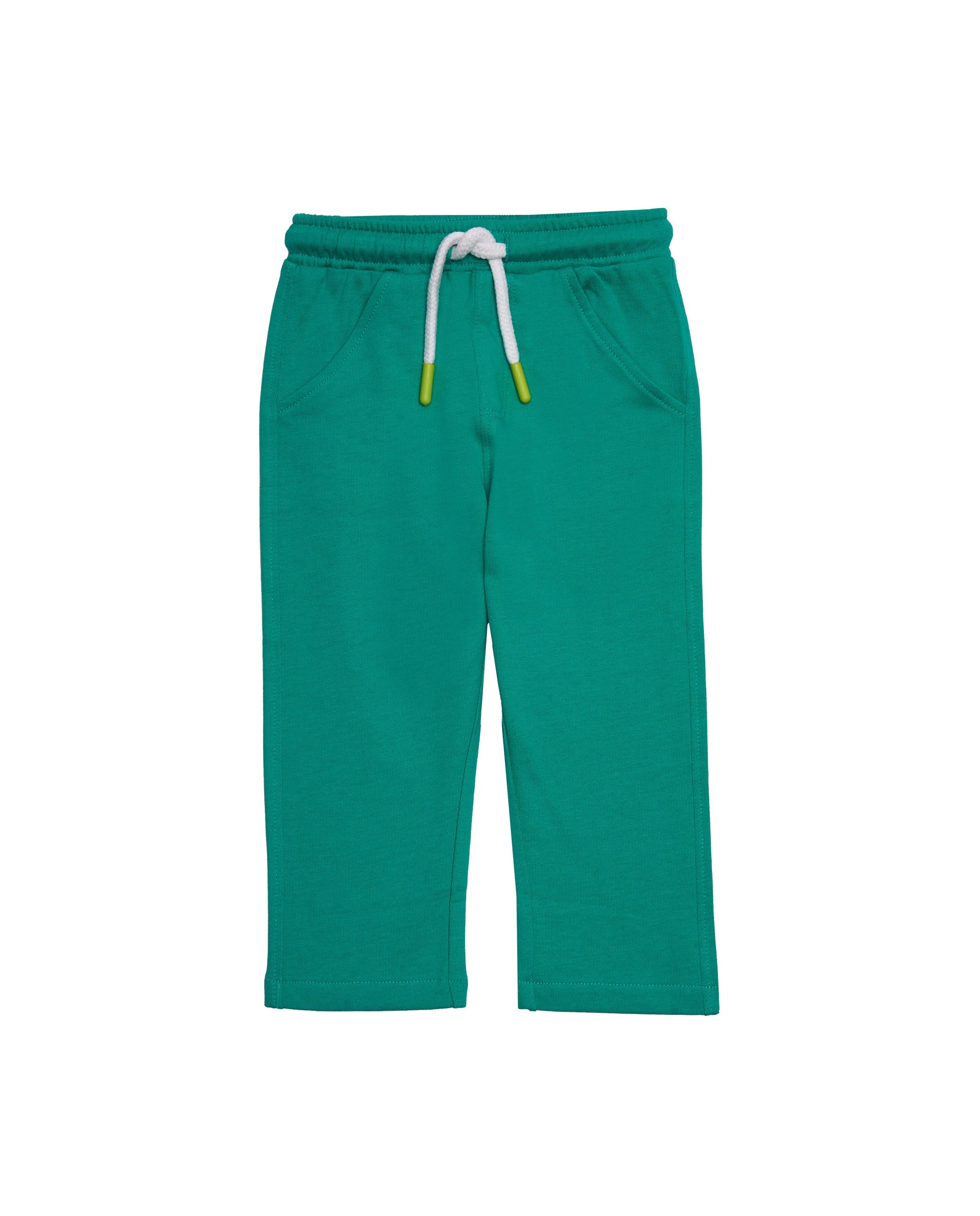 Pantalón de punto para niño color verde con bordado de cohete.