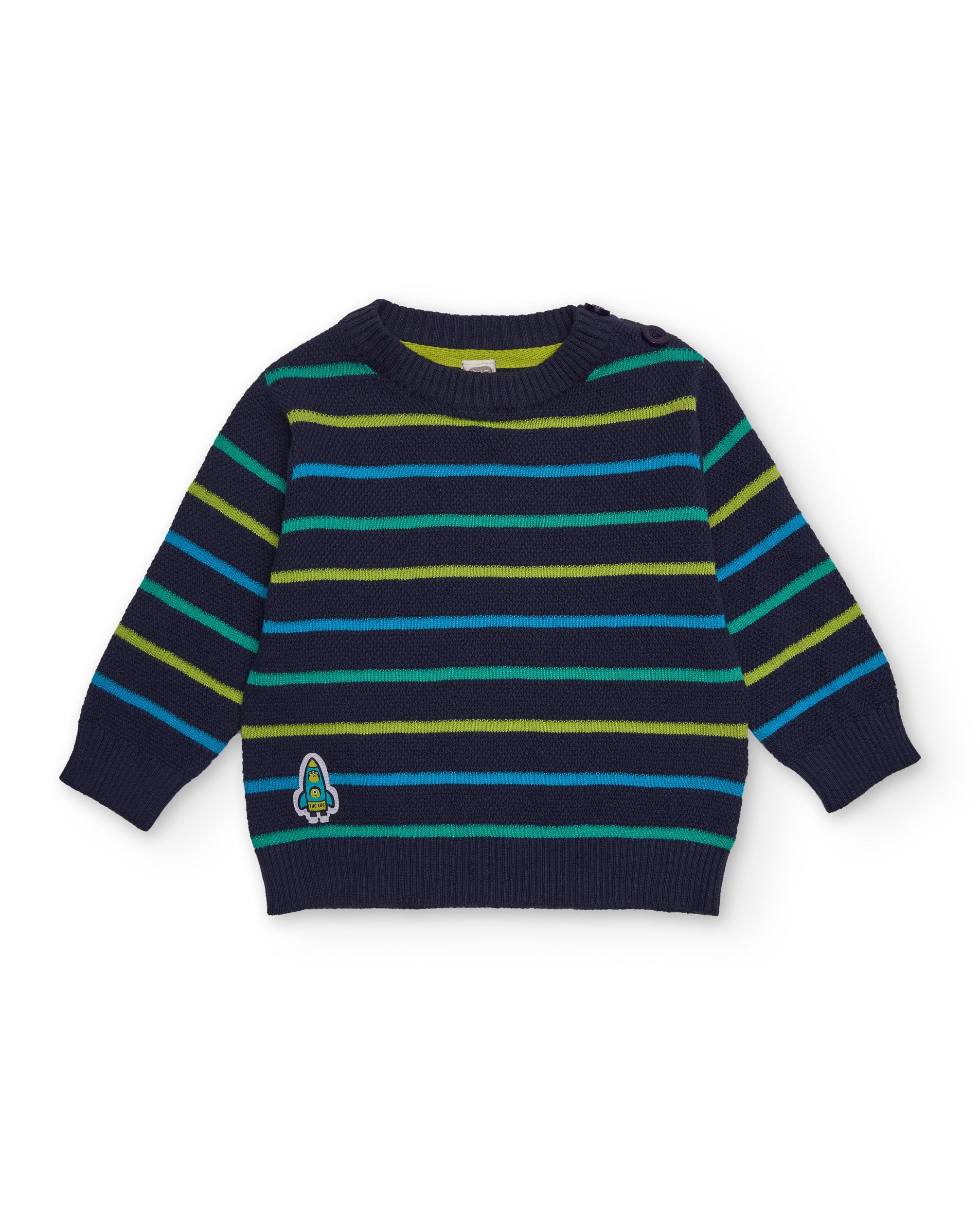 Suéter de punto para niño en azul marino con rayas de colores y