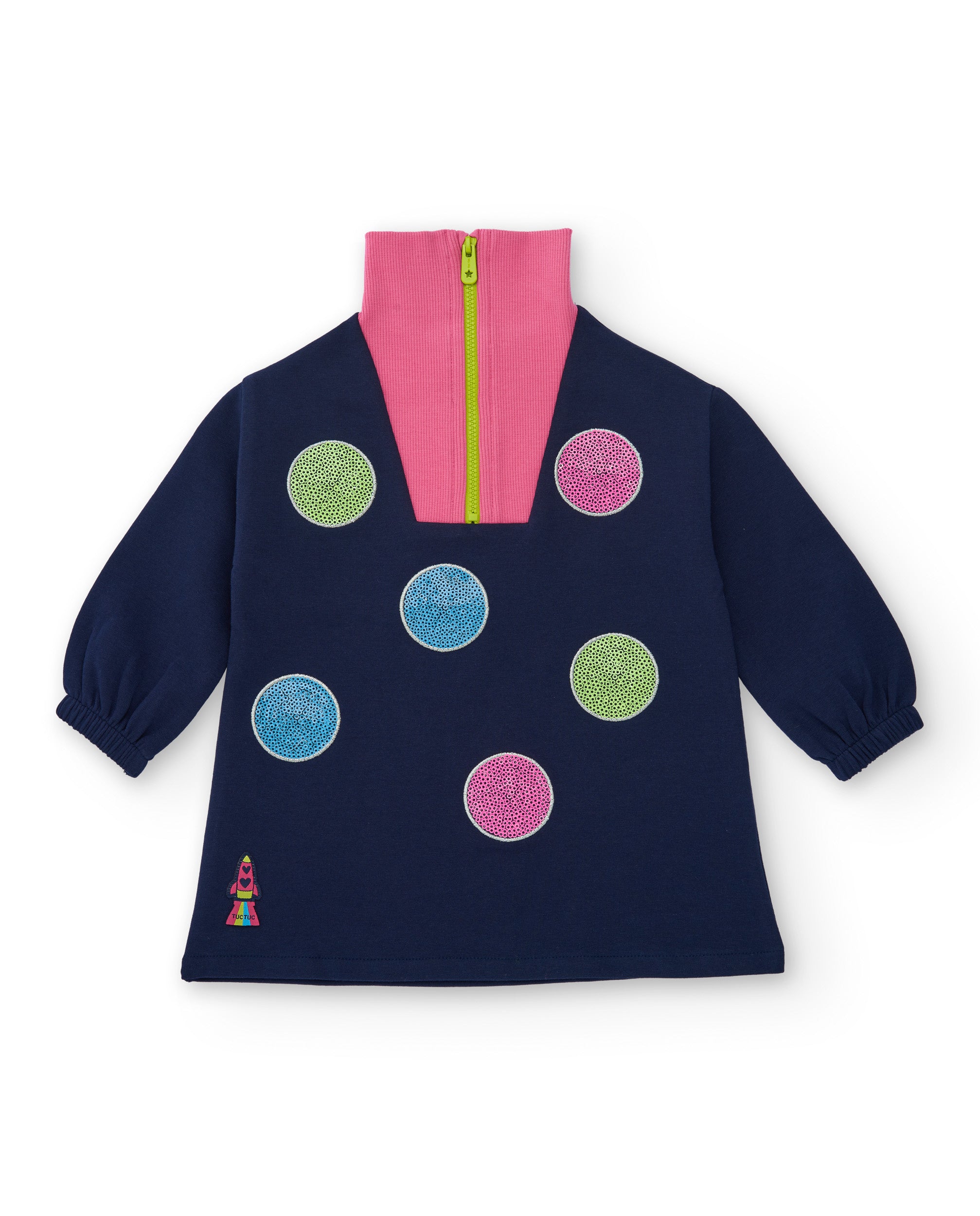 Vestido para niña en azul marino con cuello alto rosa y