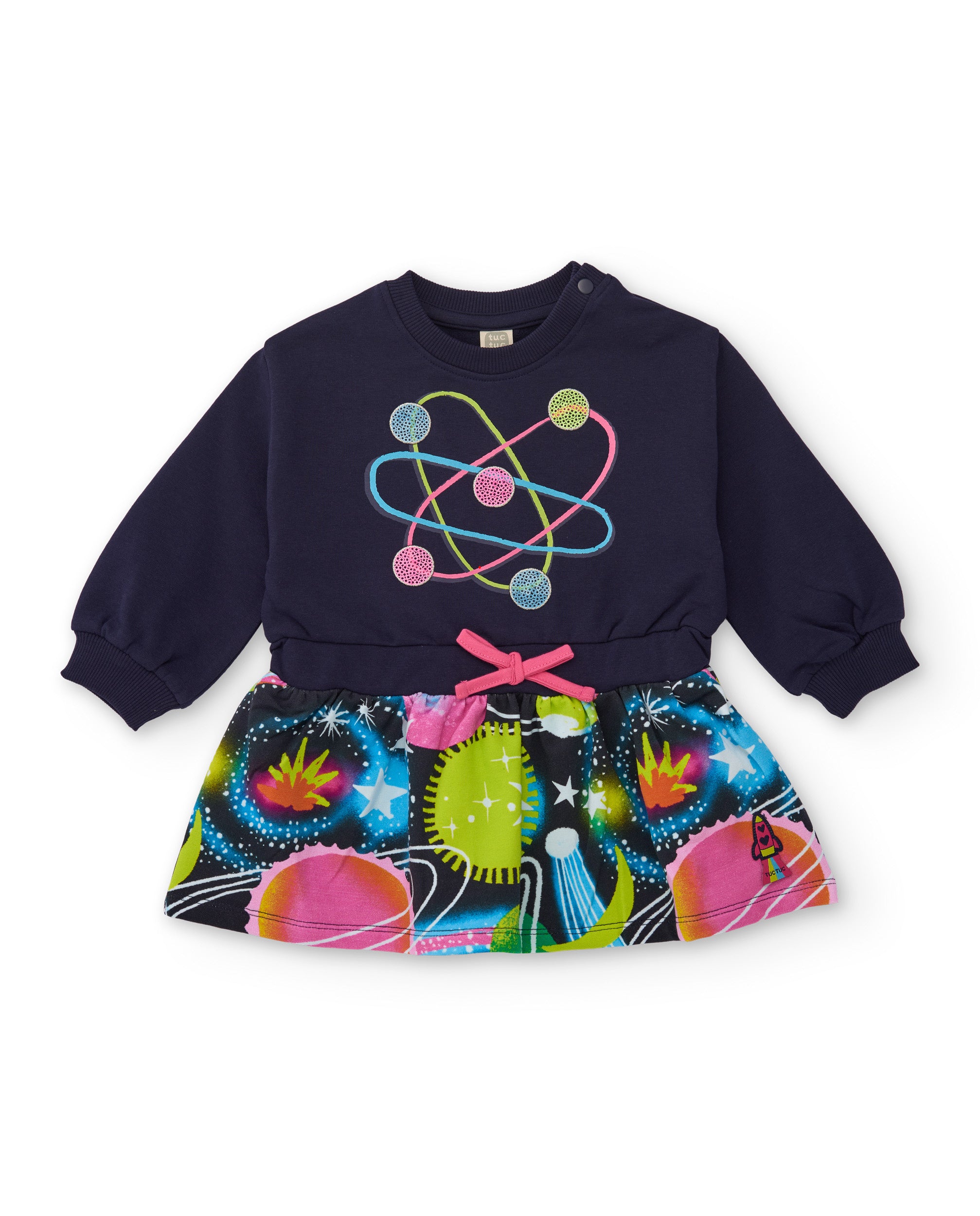 Vestido para niña en azul marino con estampado de planetas y