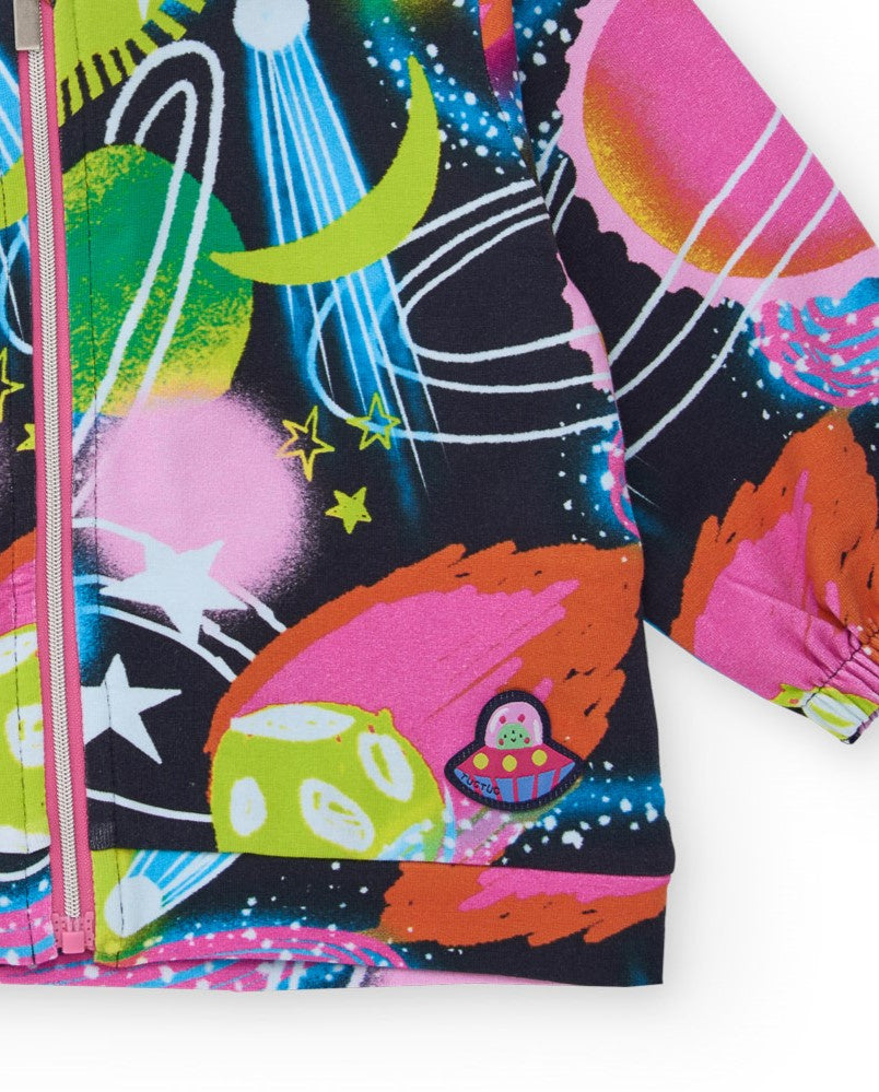 Sudadera para niña con capucha y estampado espacial multicolor.