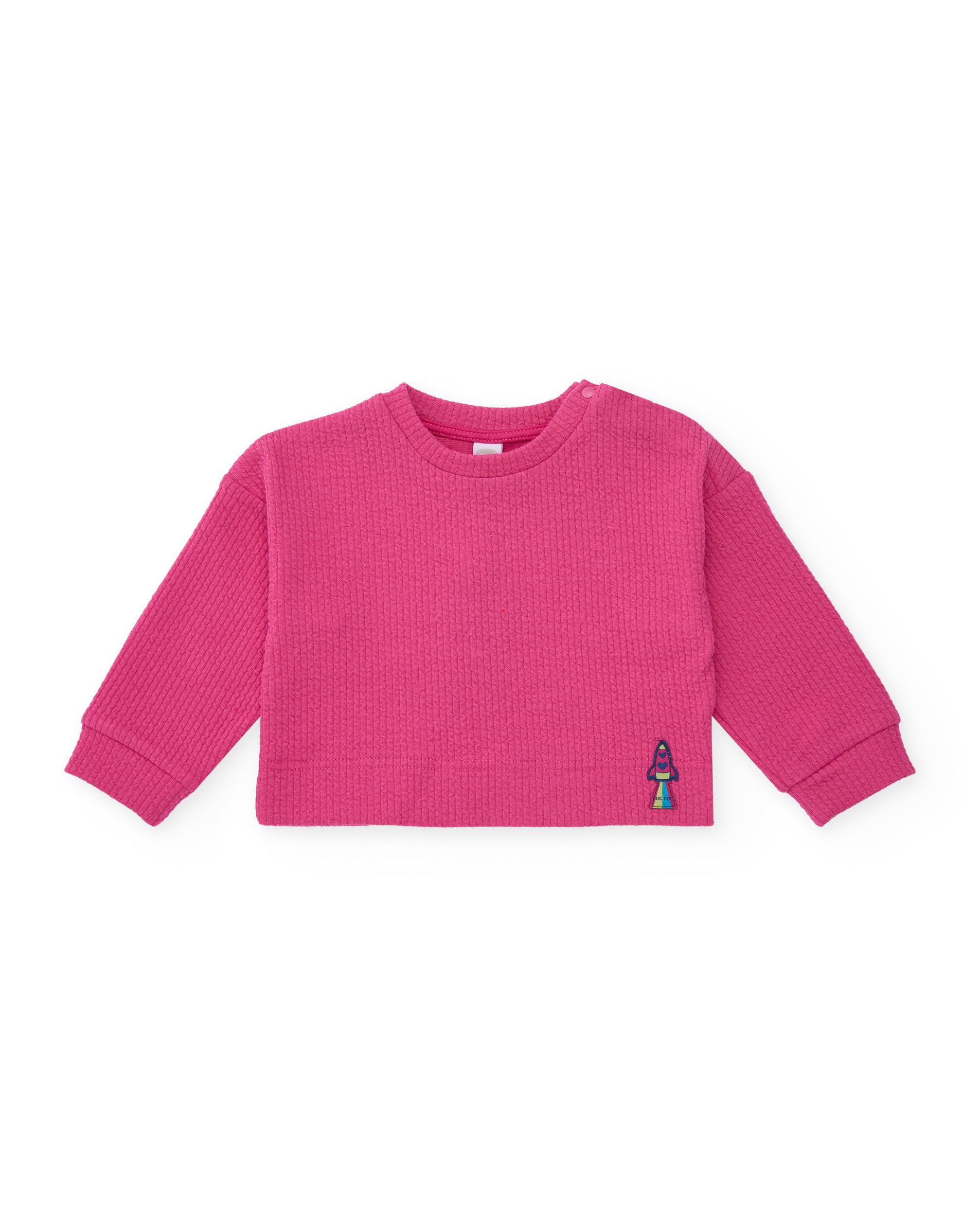 Sudadera de punto para niña color fucsia con bordado de cohete.