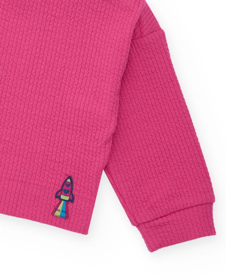 Sudadera de punto para niña color fucsia con bordado de cohete.