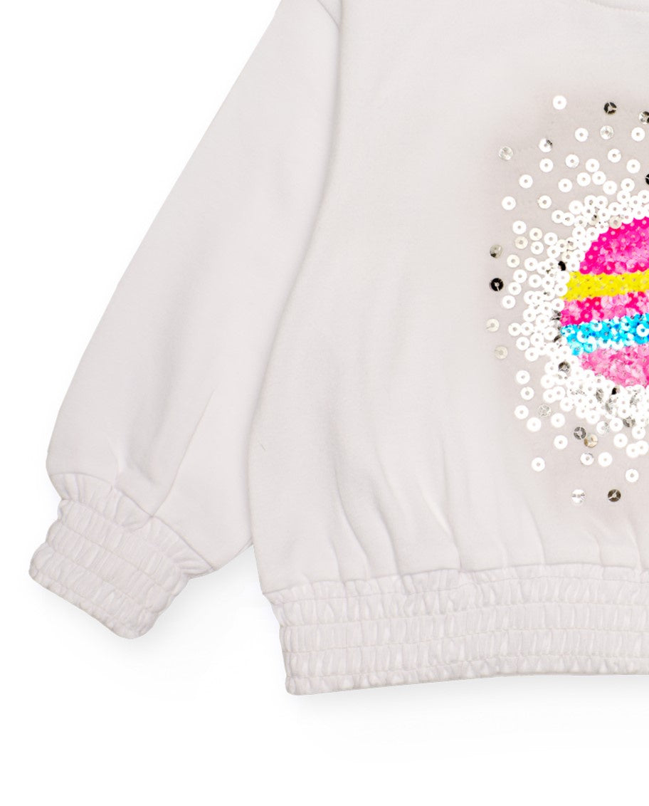 Sudadera de felpa para niña color blanco con lentejuelas de