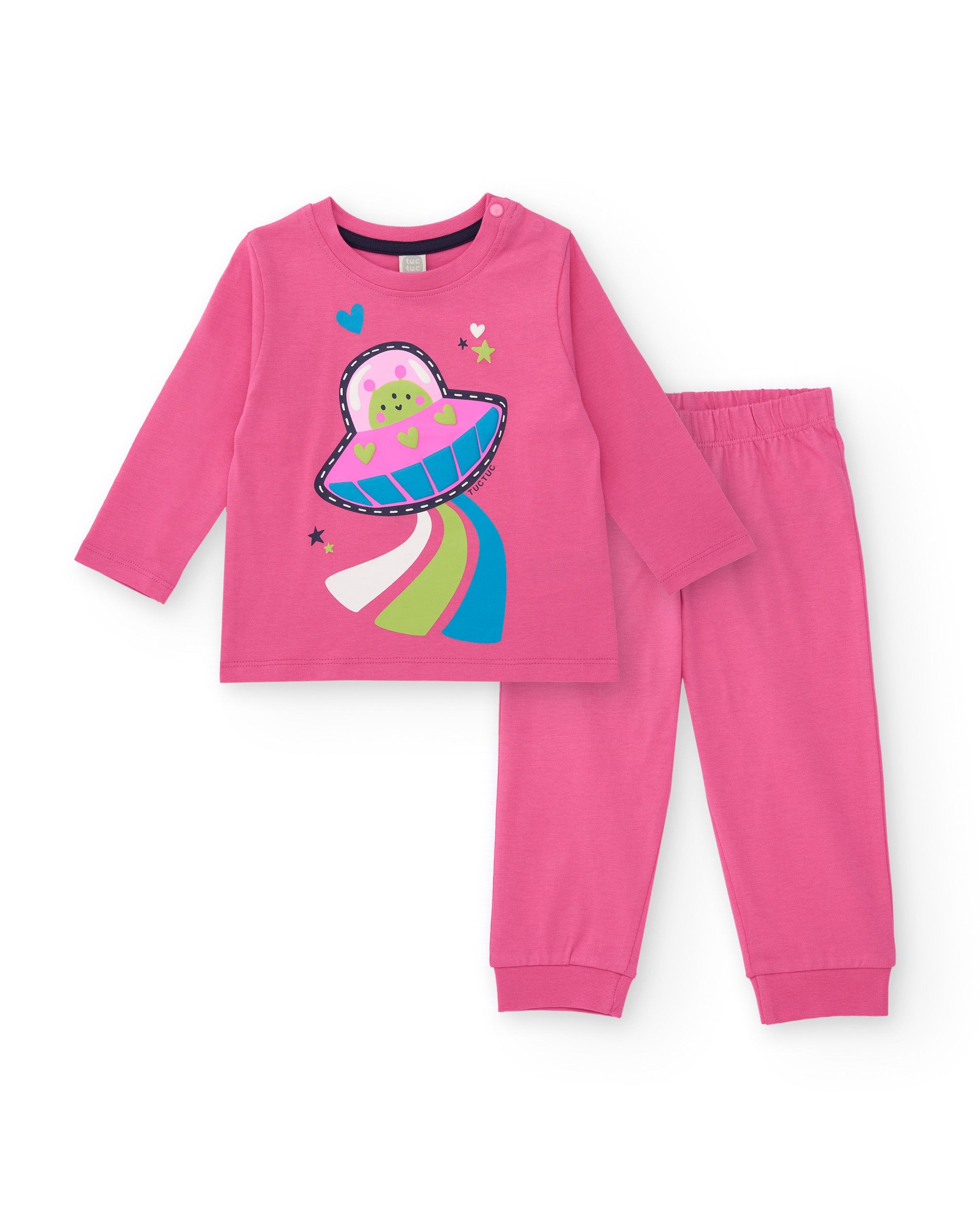 Pijama de algodón para niña en color rosa con estampado de nave