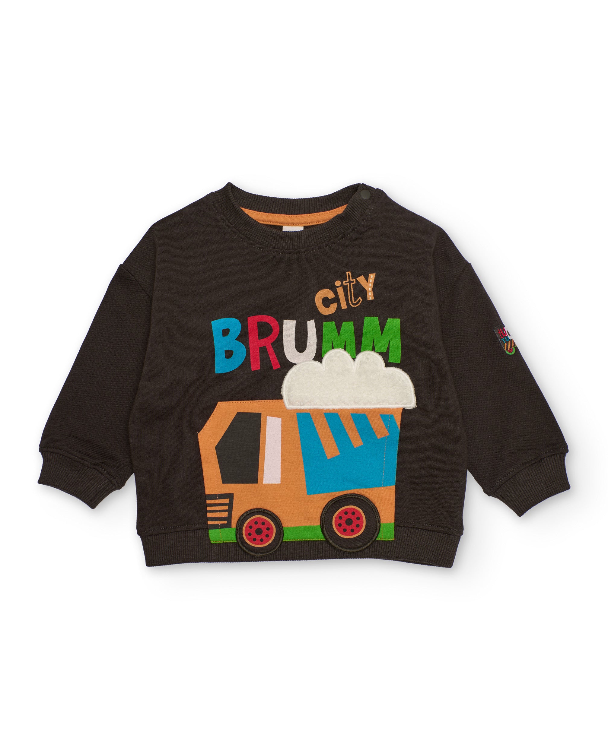 Sudadera para niño en marrón con camión y texto multicolor