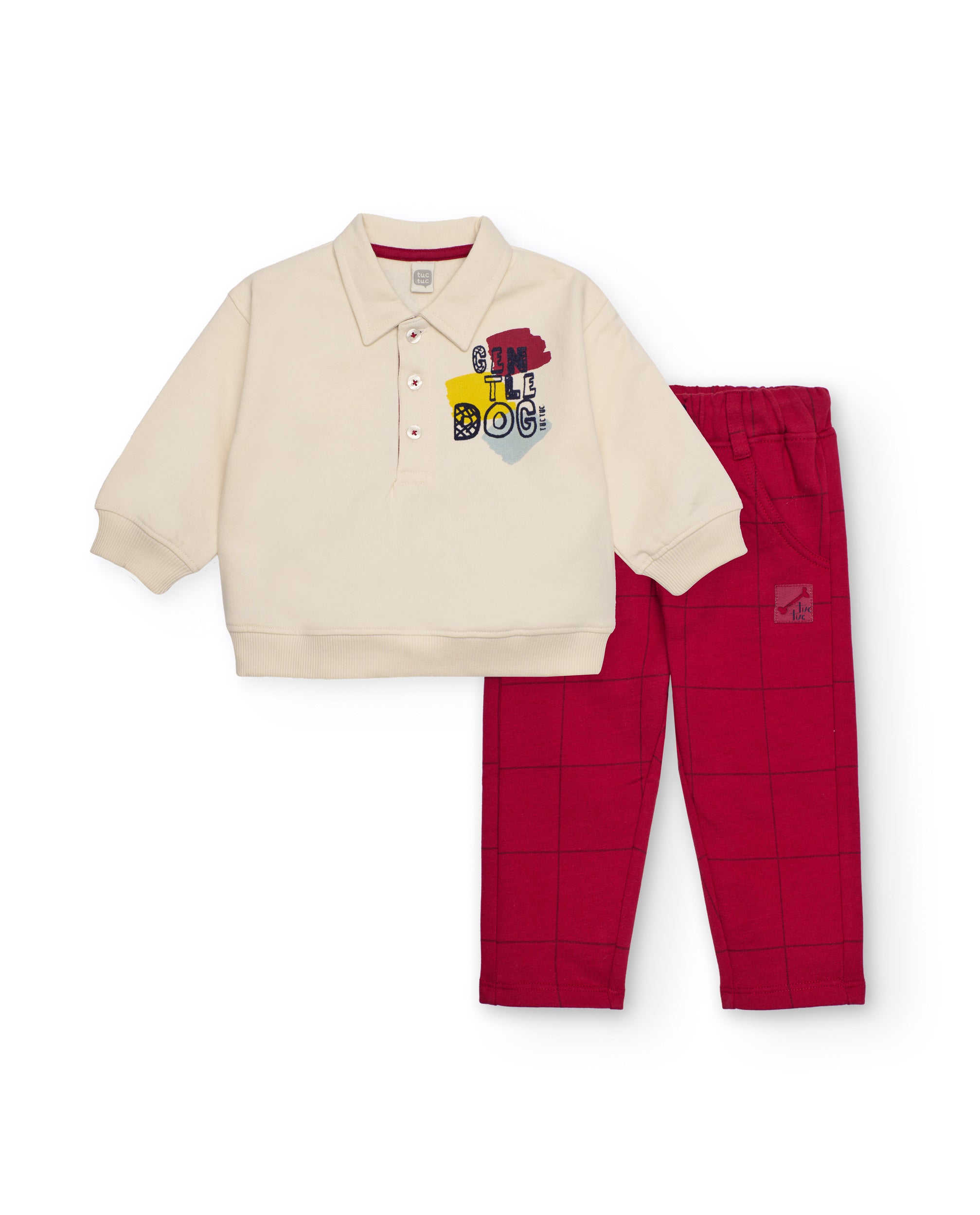 Conjunto para niño en crudo y burdeos con estampado de perro