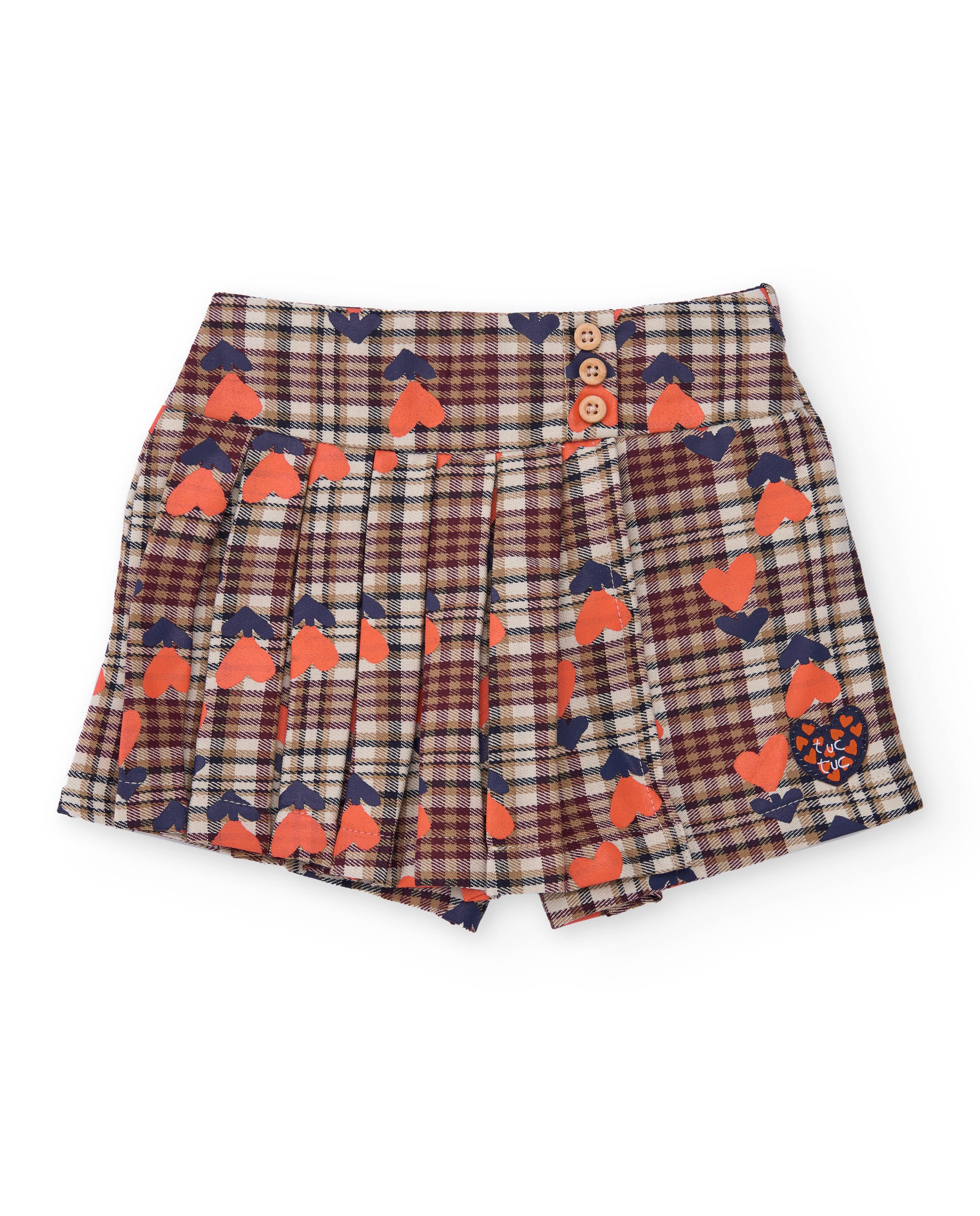 Shorts para niña en cuadros con corazones y botones decorativos