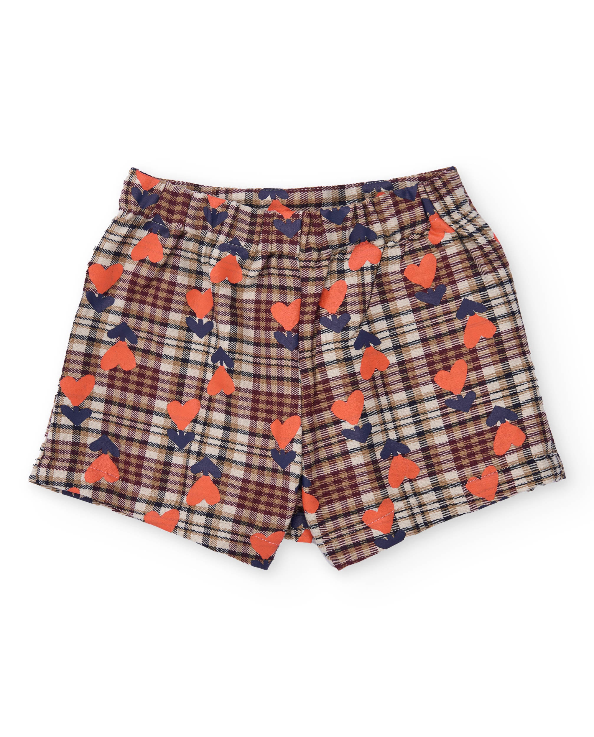 Shorts para niña en cuadros con corazones y botones decorativos