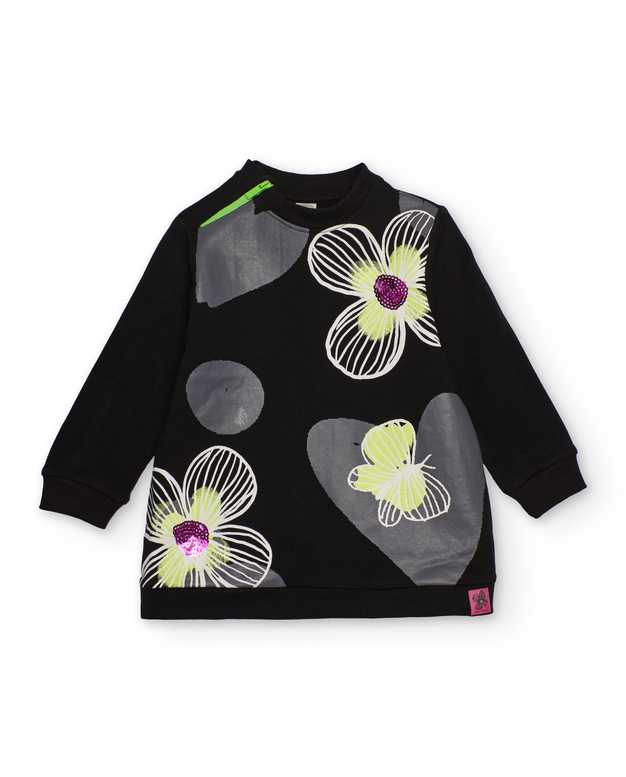 Vestido para niña en negro con flores estampadas y lentejuelas