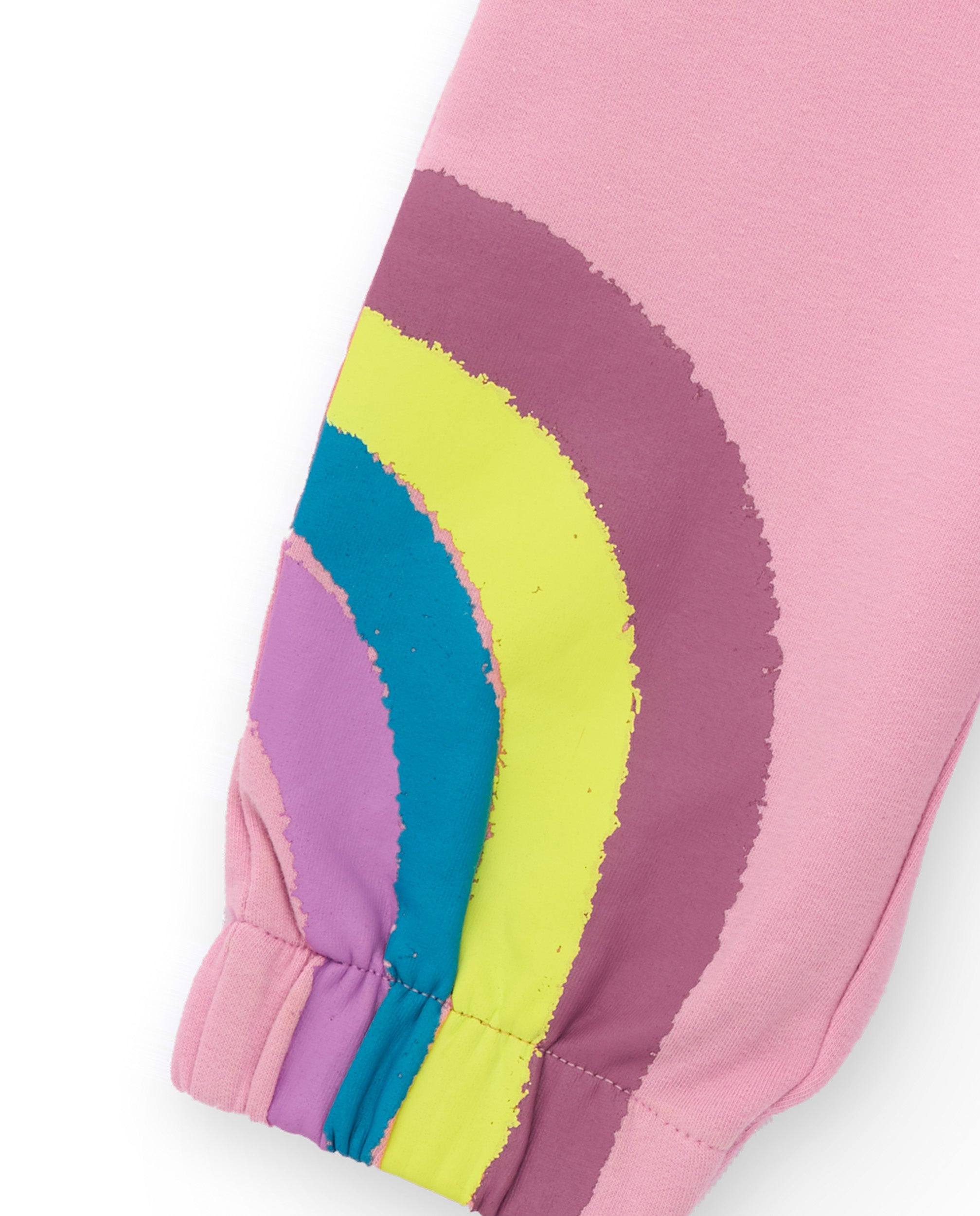 Pantalón de felpa para niña en rosa con estampado de arcoíris