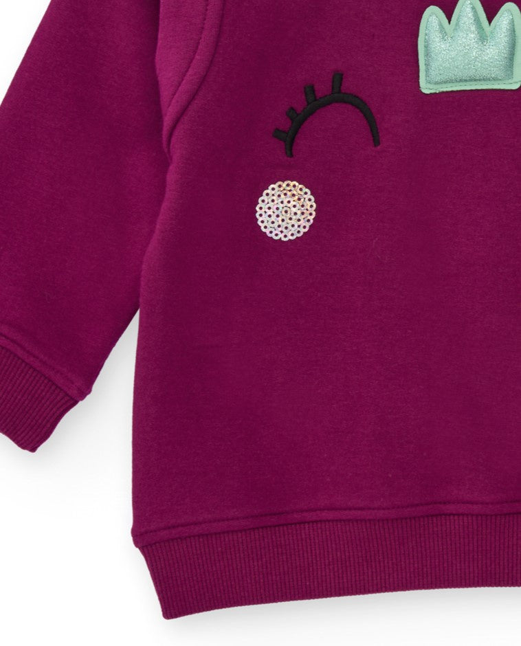 Sudadera de felpa para niña en burdeos con carita de animal y