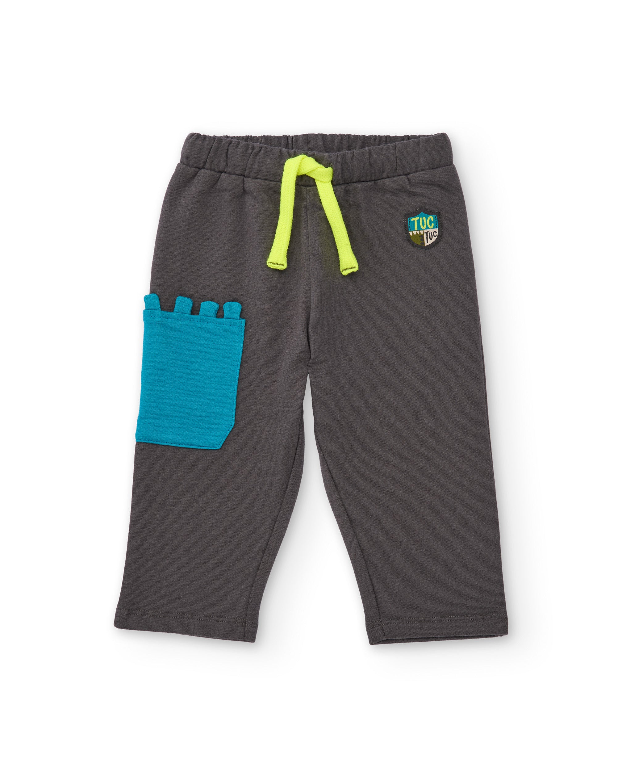 Pantalón largo de felpa para niño en gris con bolsillo azul