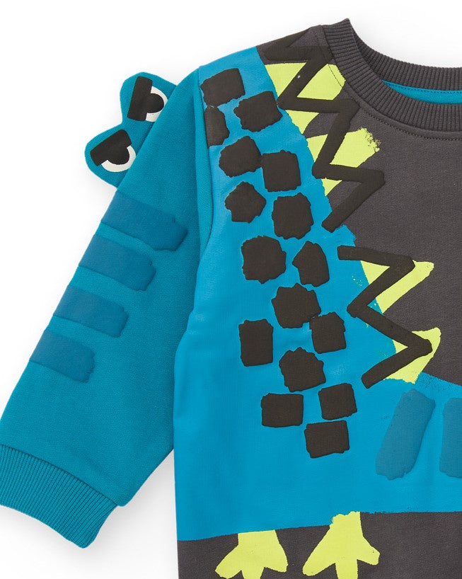 Sudadera para niño en gris y azul con estampado de dinosaurio y
