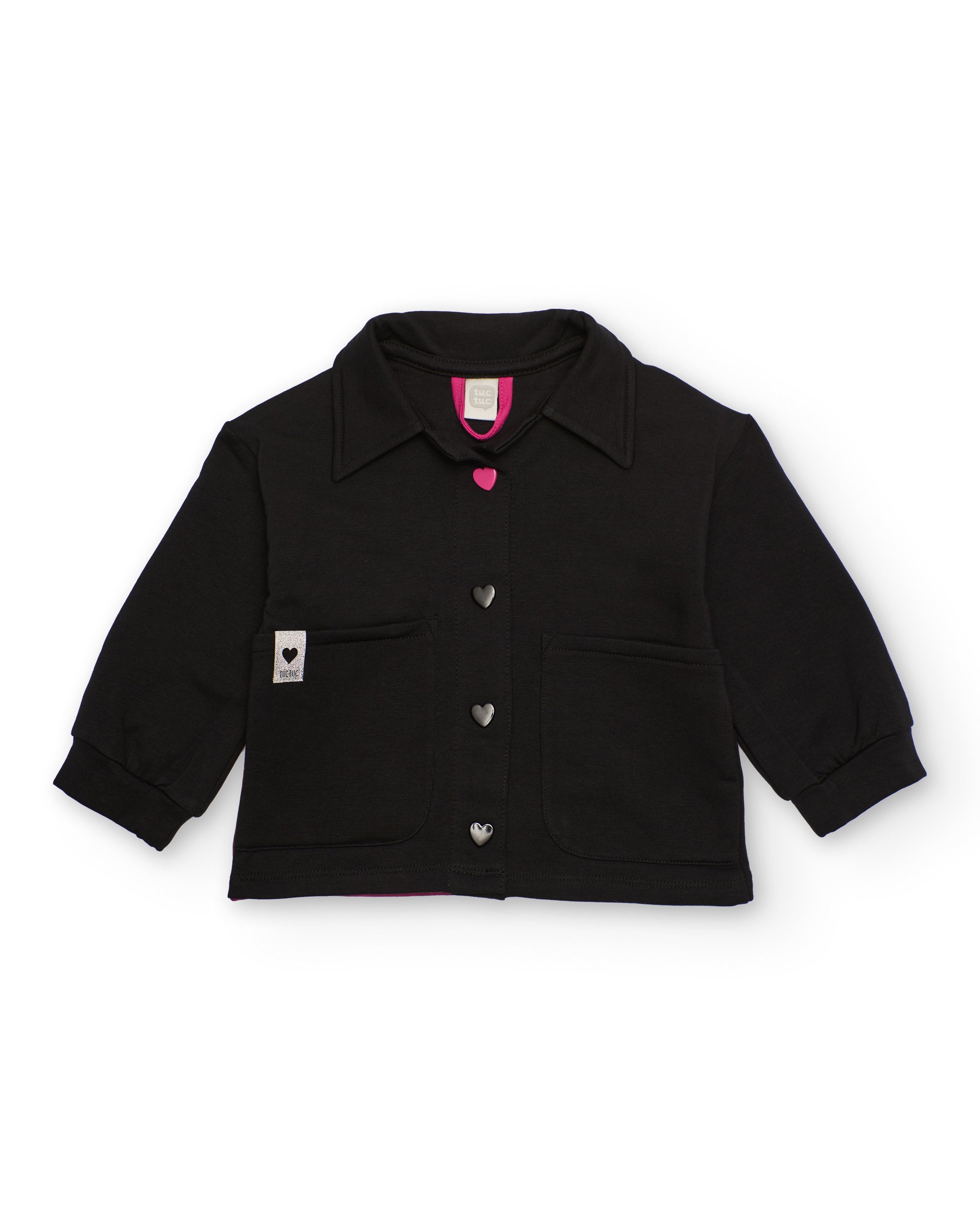Chaqueta negra de niña con botones de corazón y flor trasera