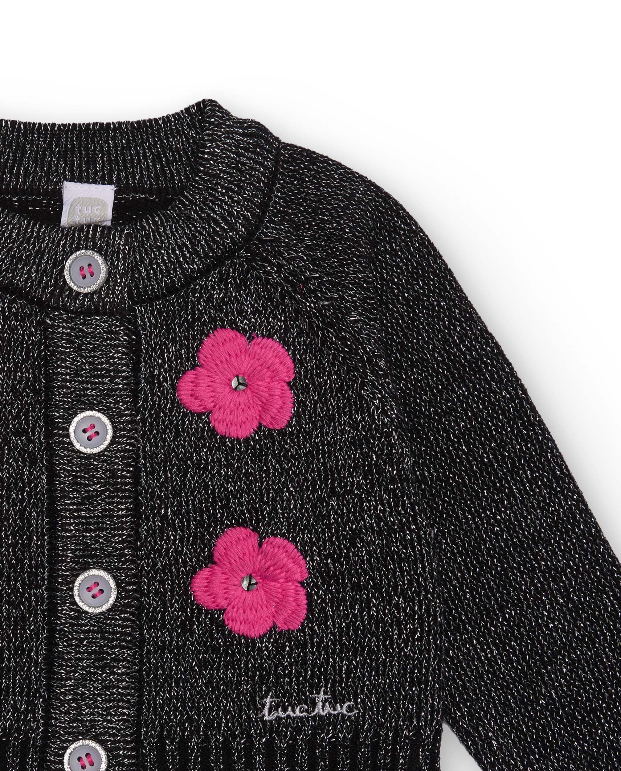 Chaqueta de punto para niña en negro con flores fucsias