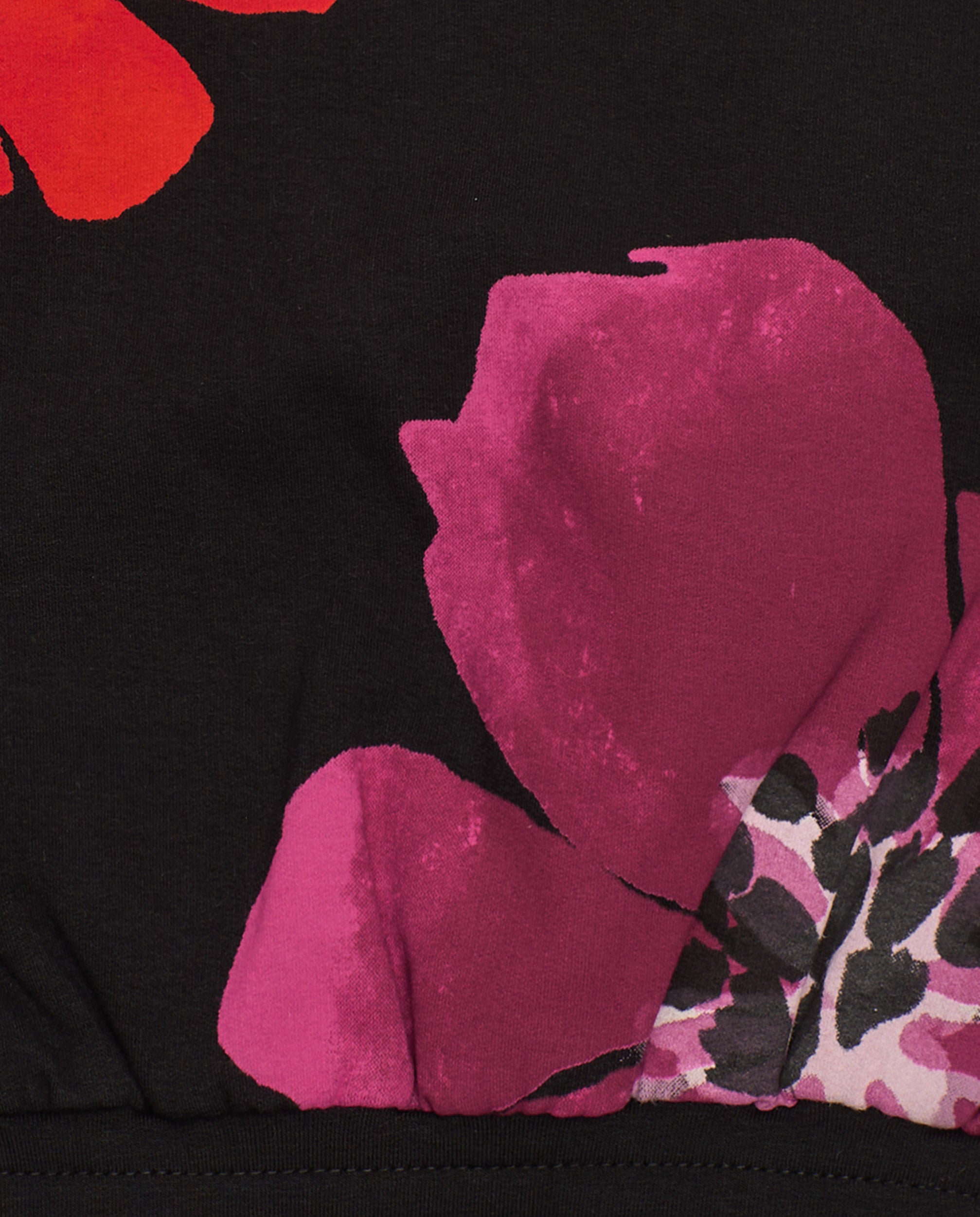 Sudadera de niña en negro con estampado floral rojo y fucsia