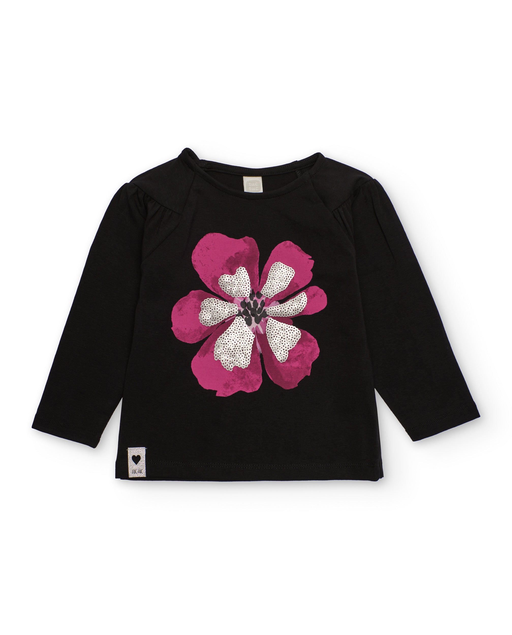 Camiseta de niña en negro con flor fucsia y lentejuelas