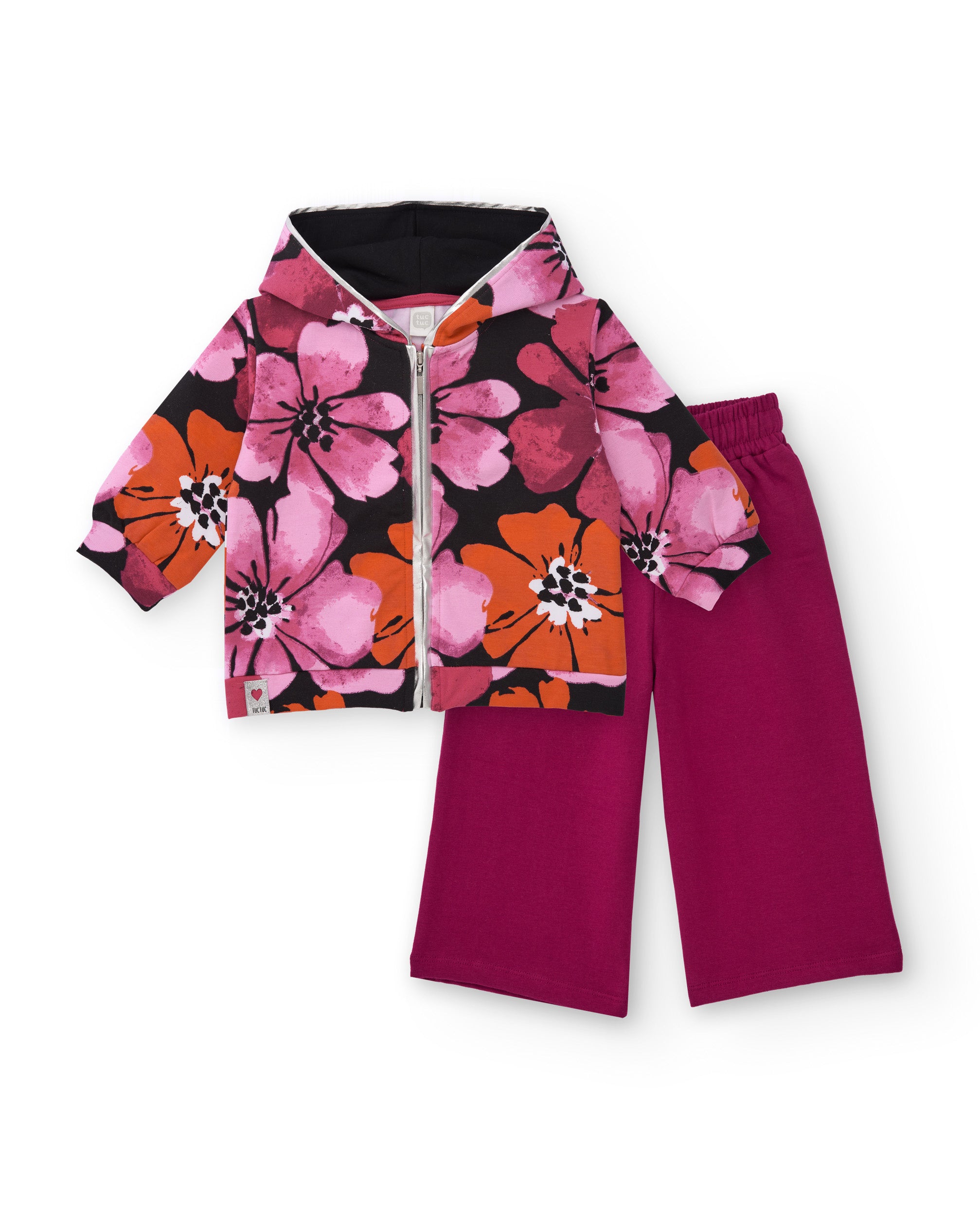 Conjunto de niña con chaqueta floral y pantalón fucsia