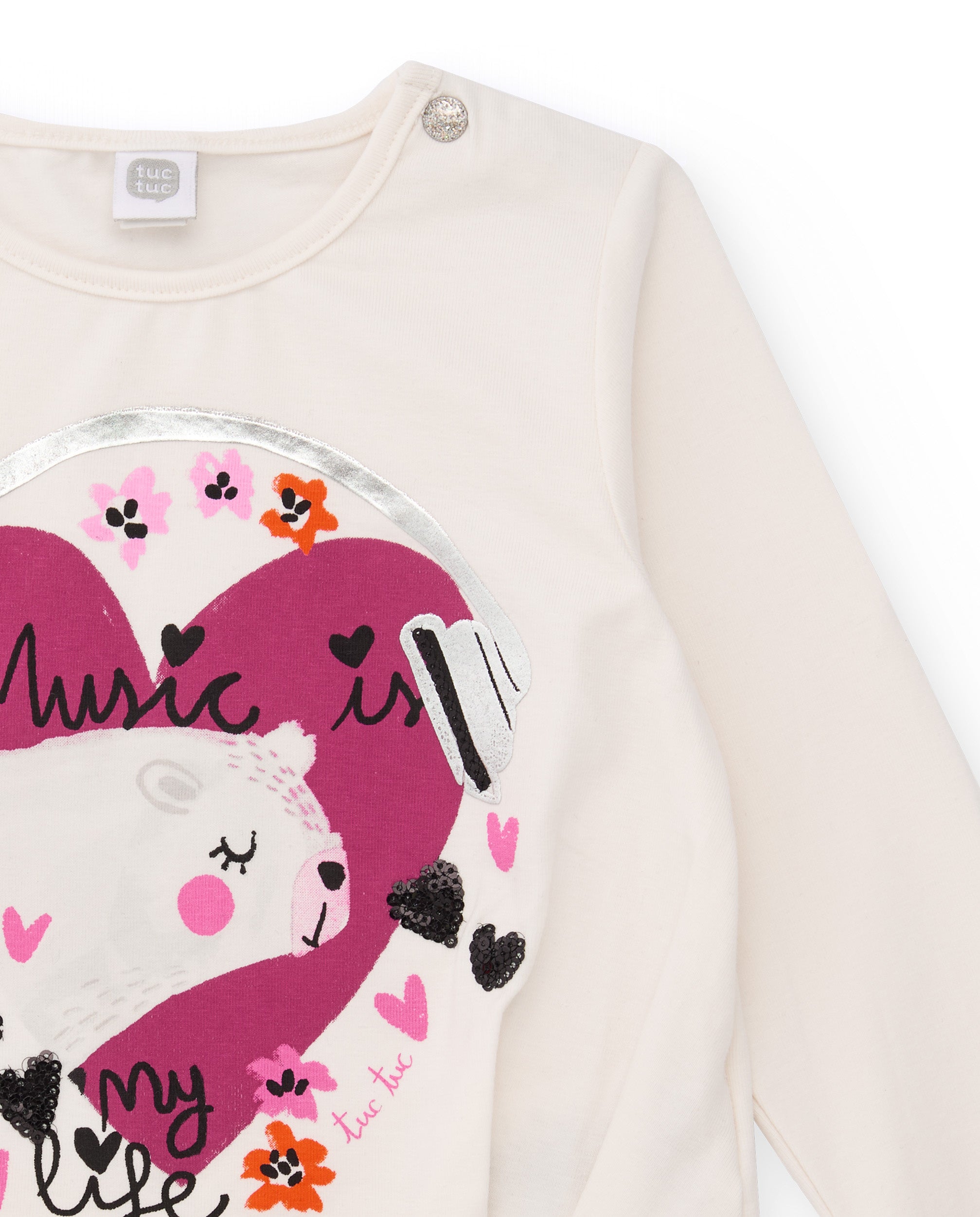 Camiseta de niña en crudo con estampado de música y brillos
