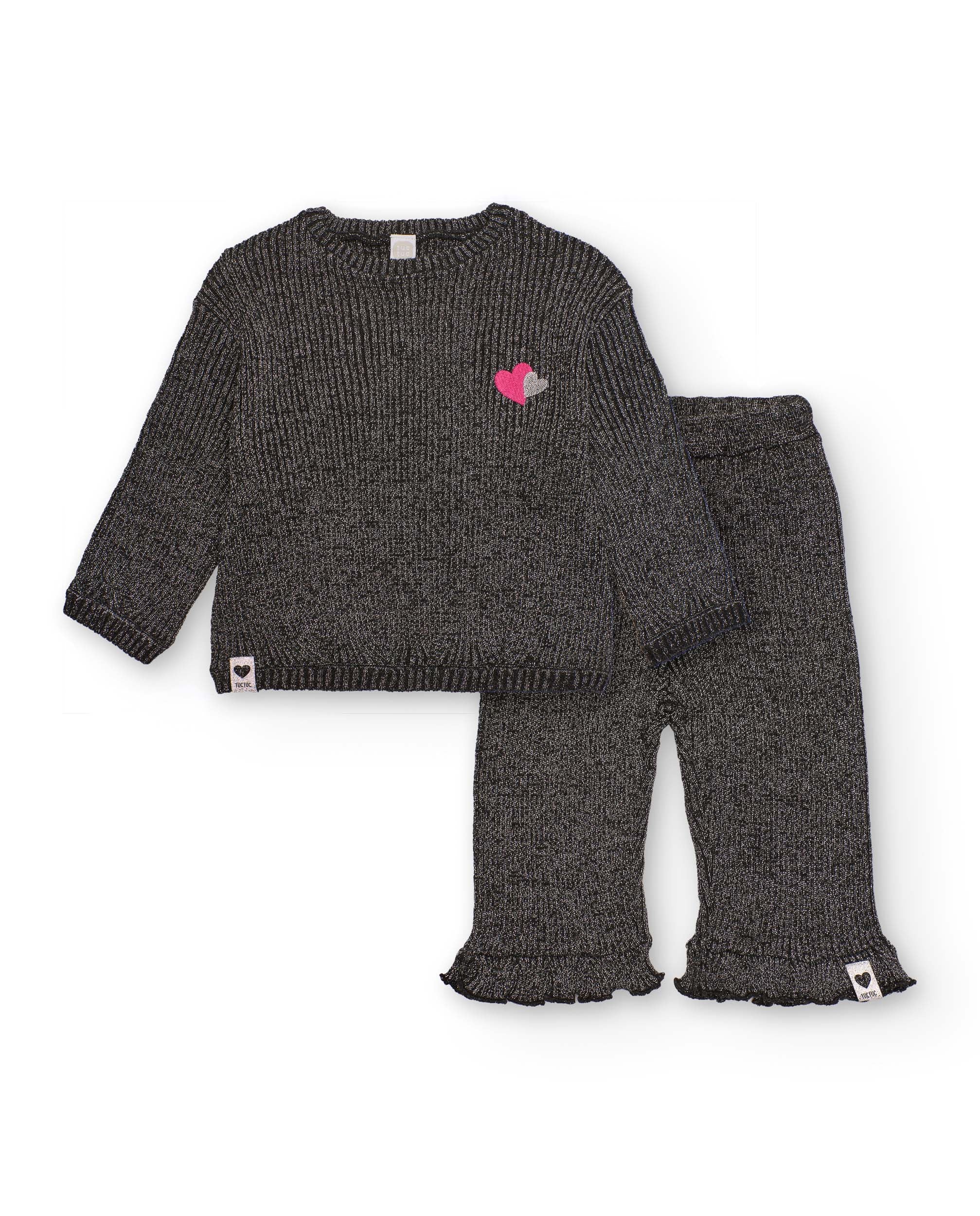 Conjunto de punto para niña en gris con detalle de corazones