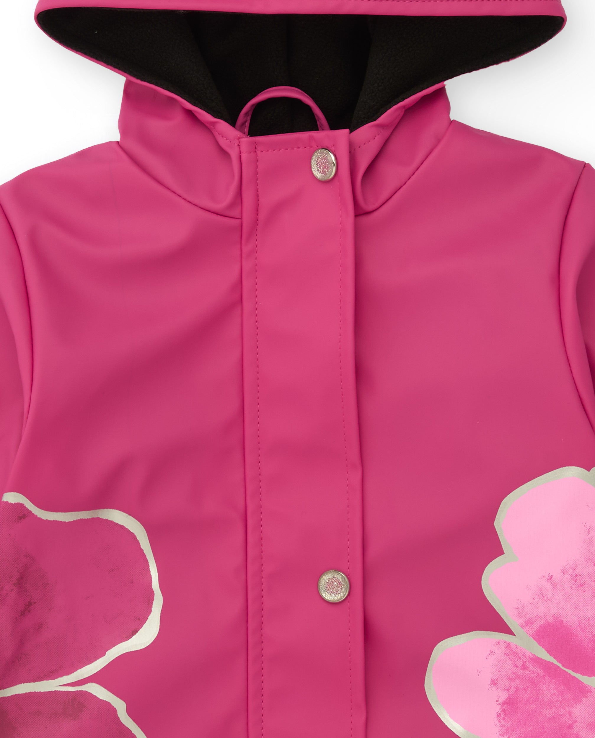 Chubasquero de niña en fucsia con capucha decorativa y flores