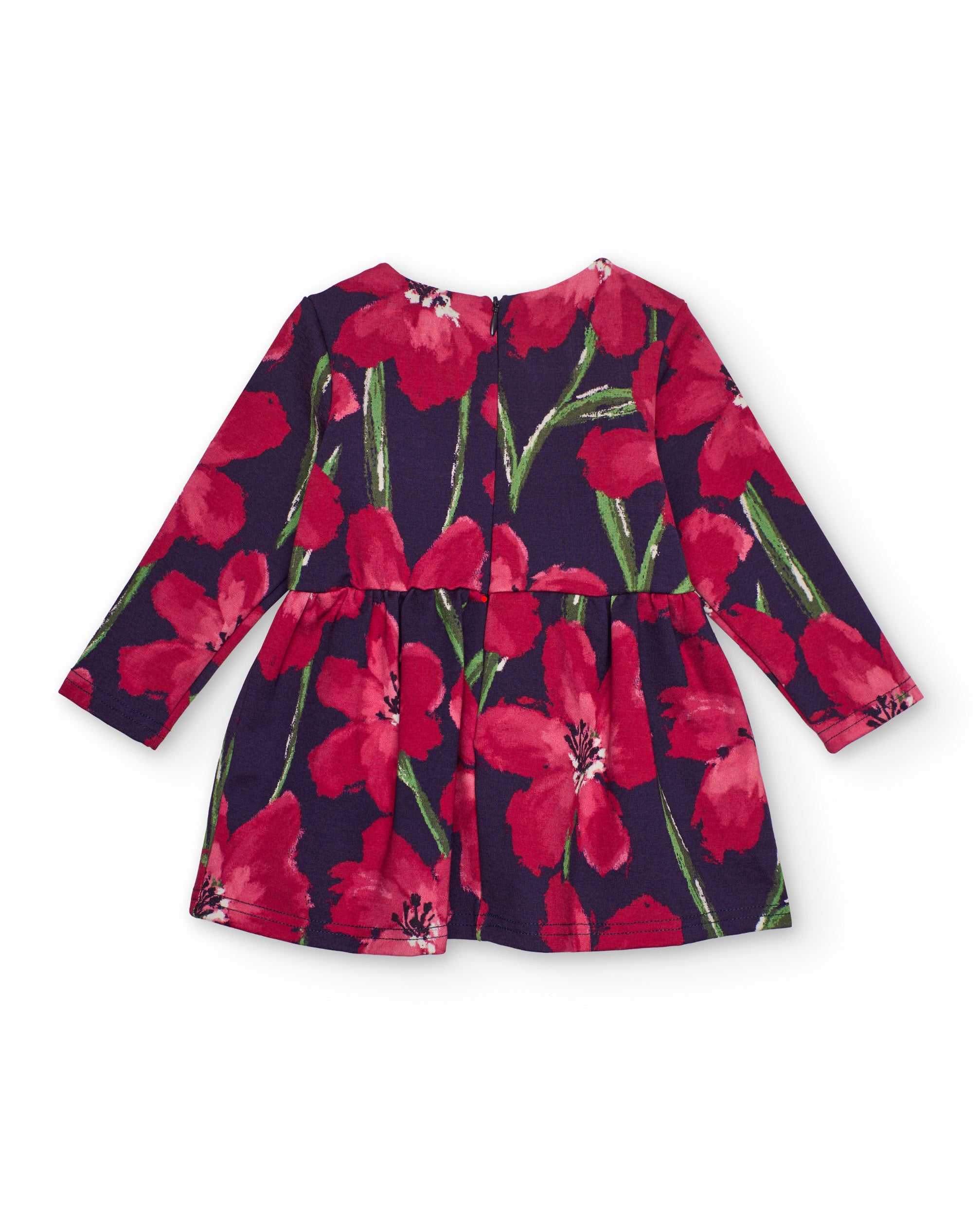 Vestido de niña con estampado floral rojo sobre fondo azul