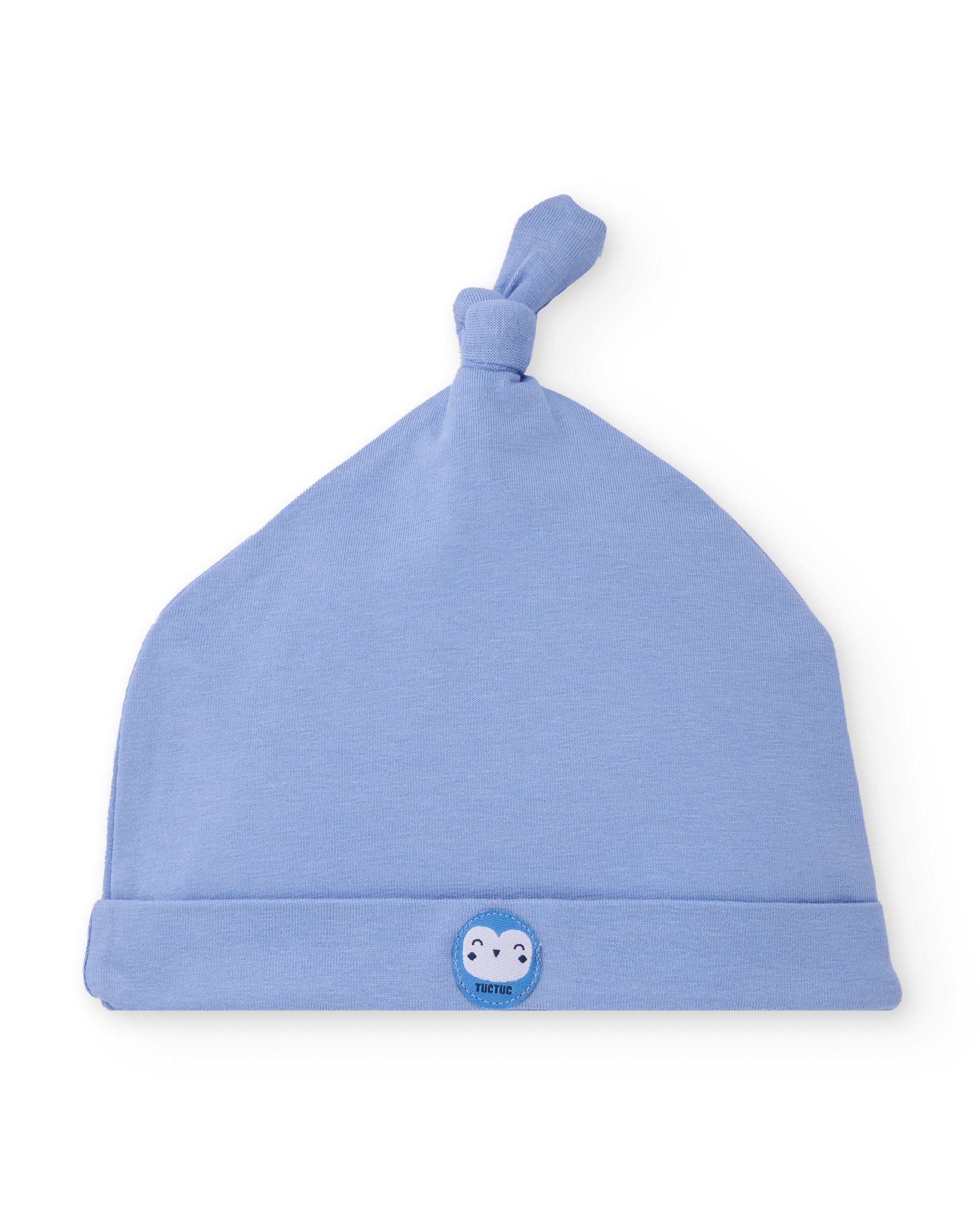 Gorro de punto para recién nacido en color azul con detalle de