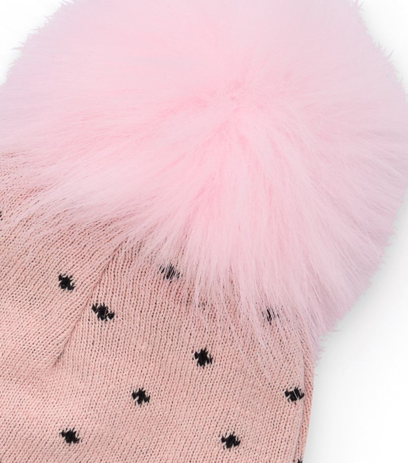 Gorro para recién nacido en rosa con pompón y diseño de carita