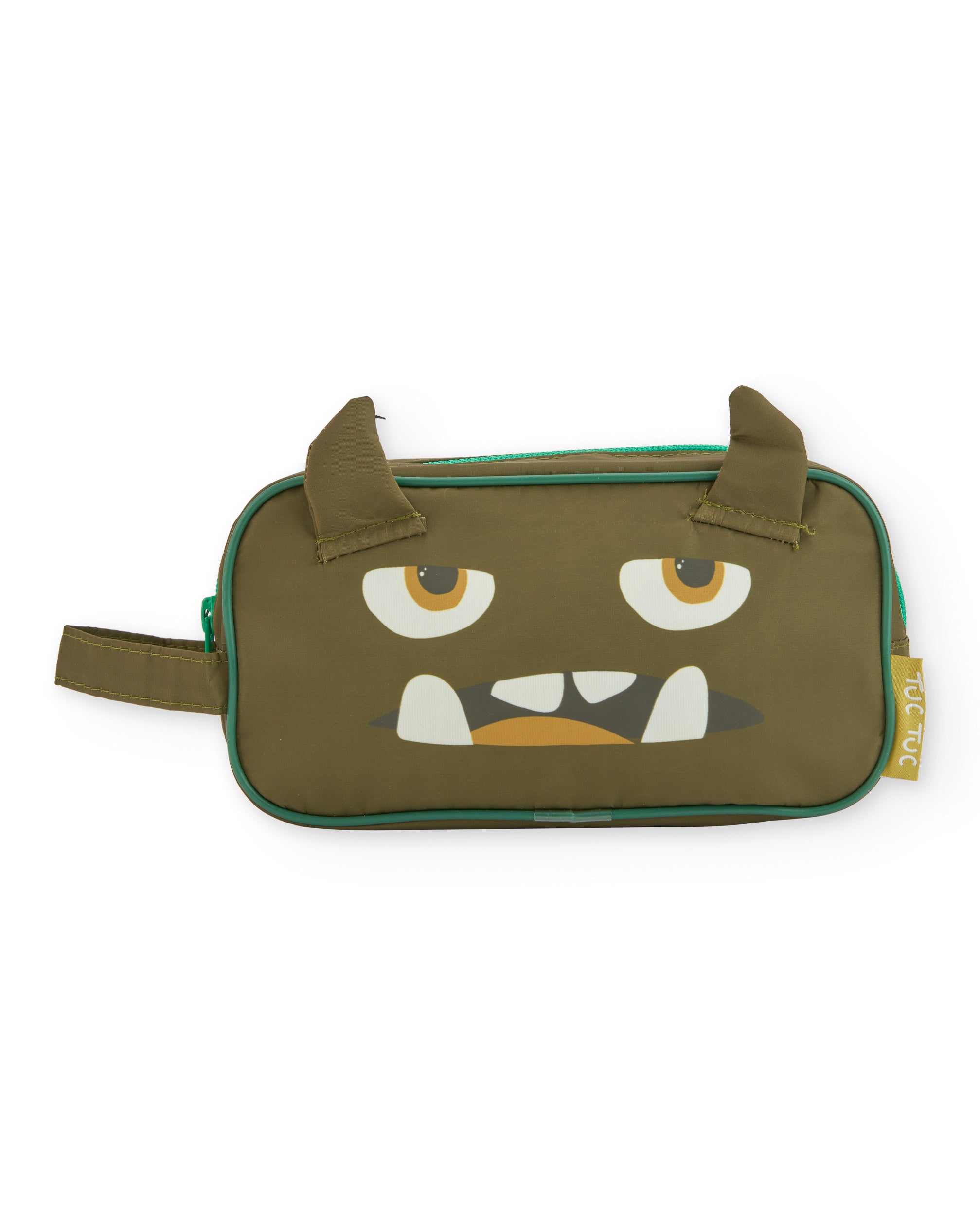 Neceser para niño en verde con carita de monstruo y detalles en