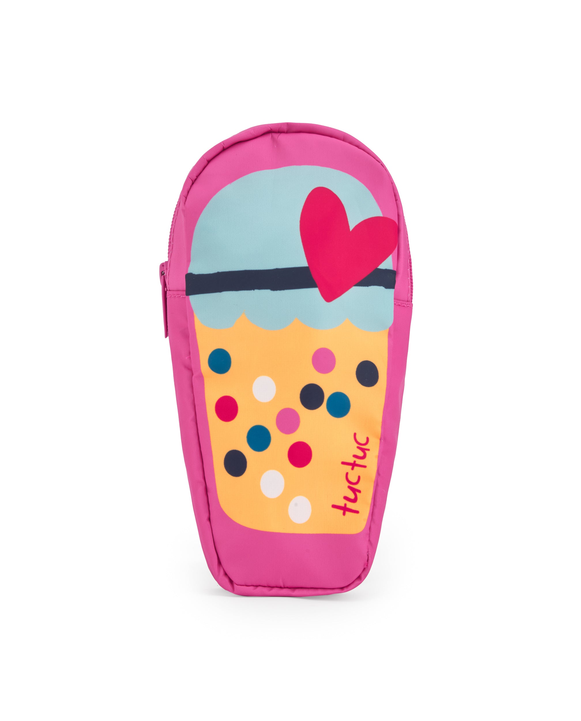 Estuche para niña en rosa con estampado de cupcake y lunares.