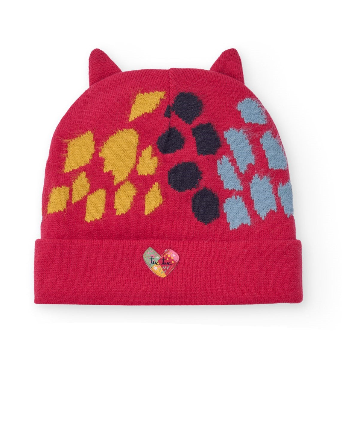 Gorro para niña en rojo con orejitas y estampado multicolor