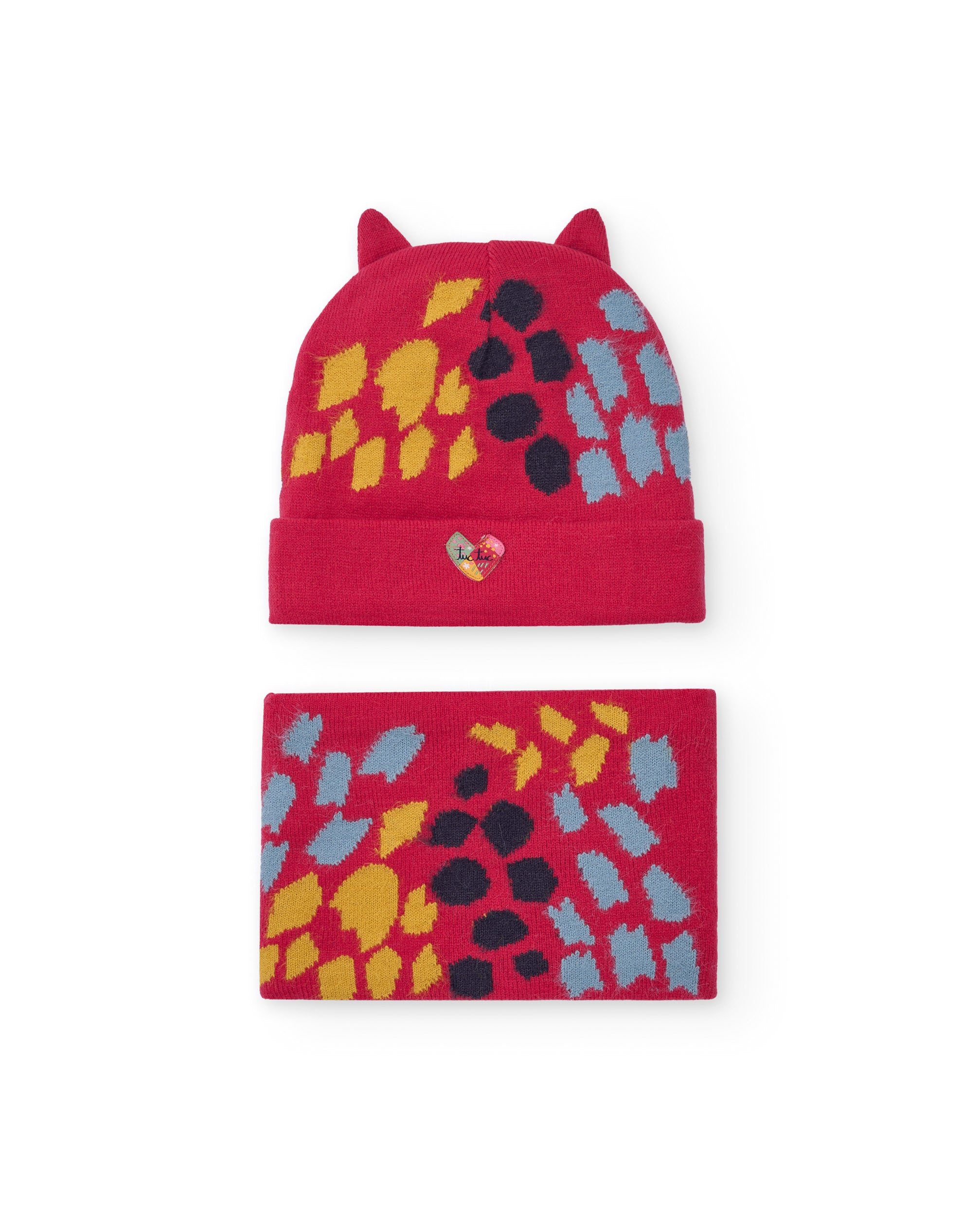 Pack de gorro y cuello para niña en rojo con estampado