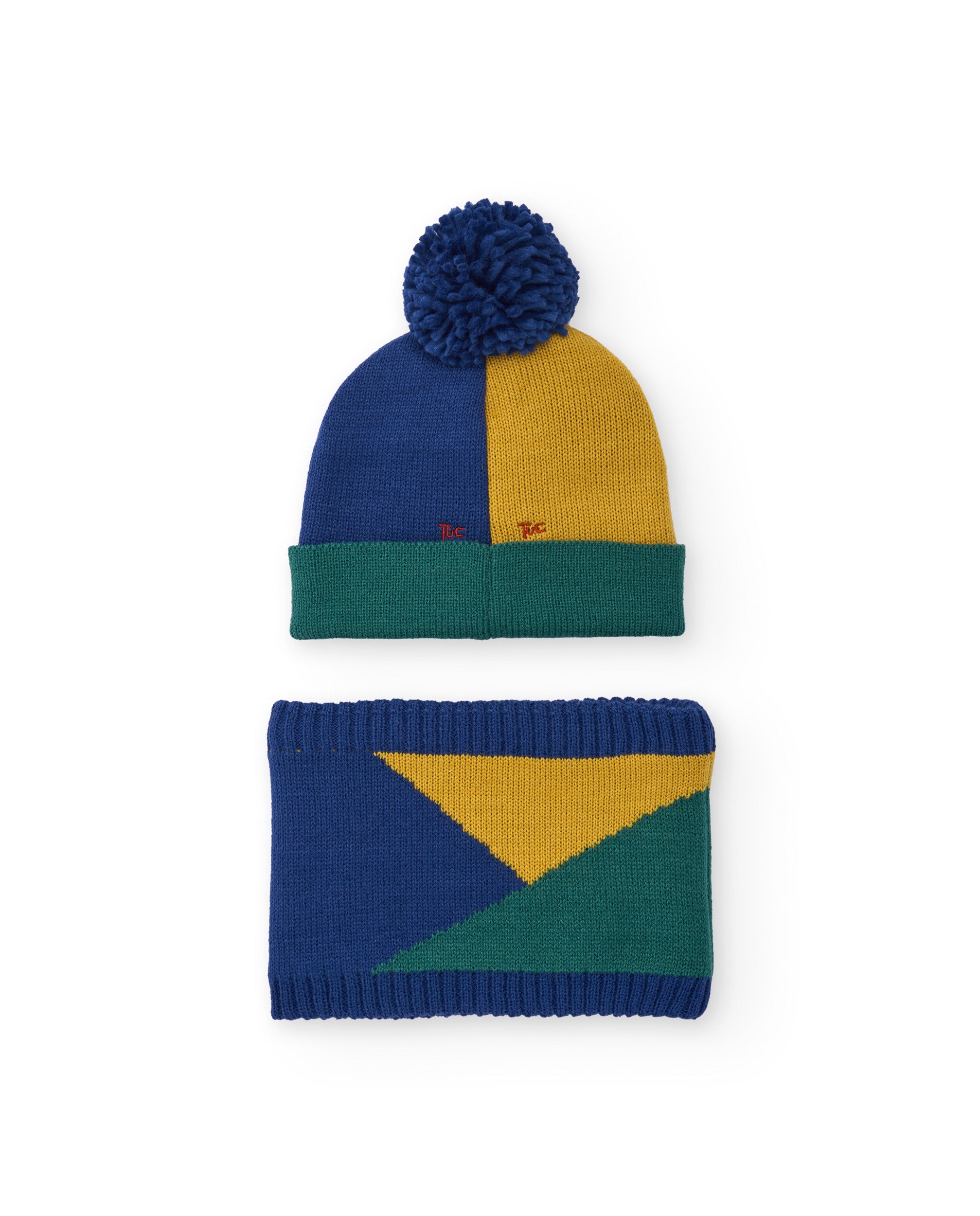 Pack de gorro y cuello para niño en bloques de color con pompón