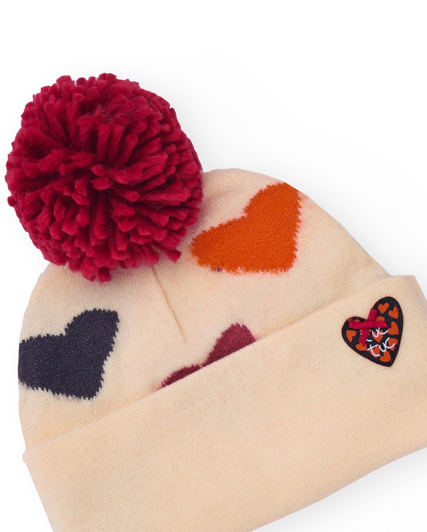 Conjunto de gorro y bufanda niña en beige con corazones