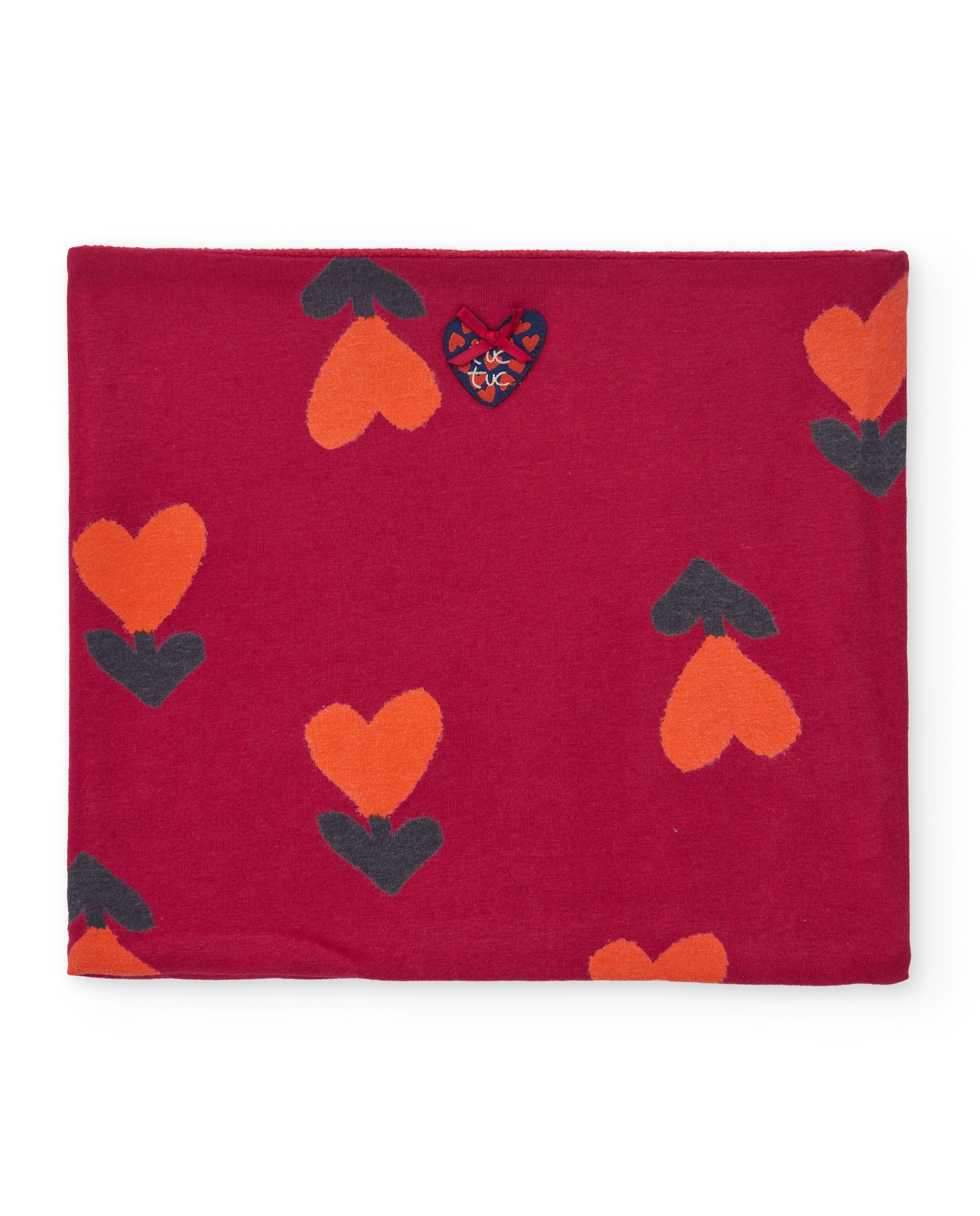 Cuello tubular para niña en rojo con estampado de corazones