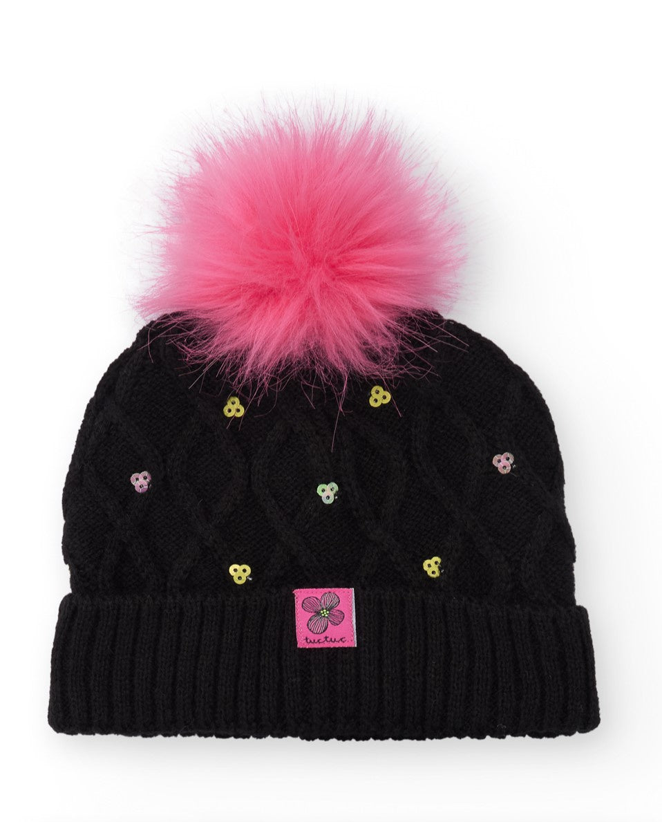 Gorro de punto para niña en negro con pompón rosa y lentejuelas