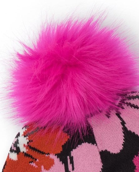 Gorro de niña negro con estampado floral y pompón rosa