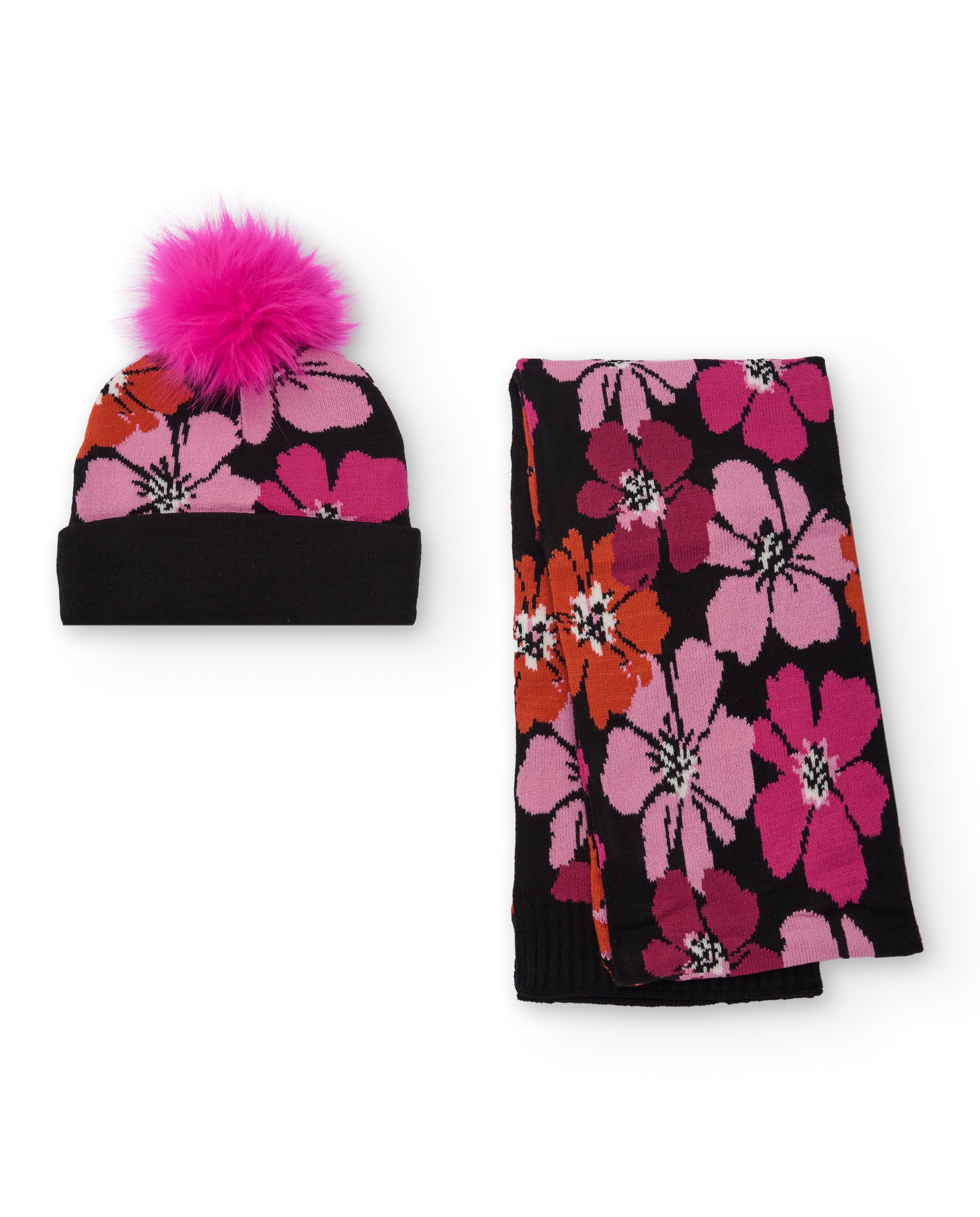Conjunto de niña de gorro y bufanda con estampado floral fucsia