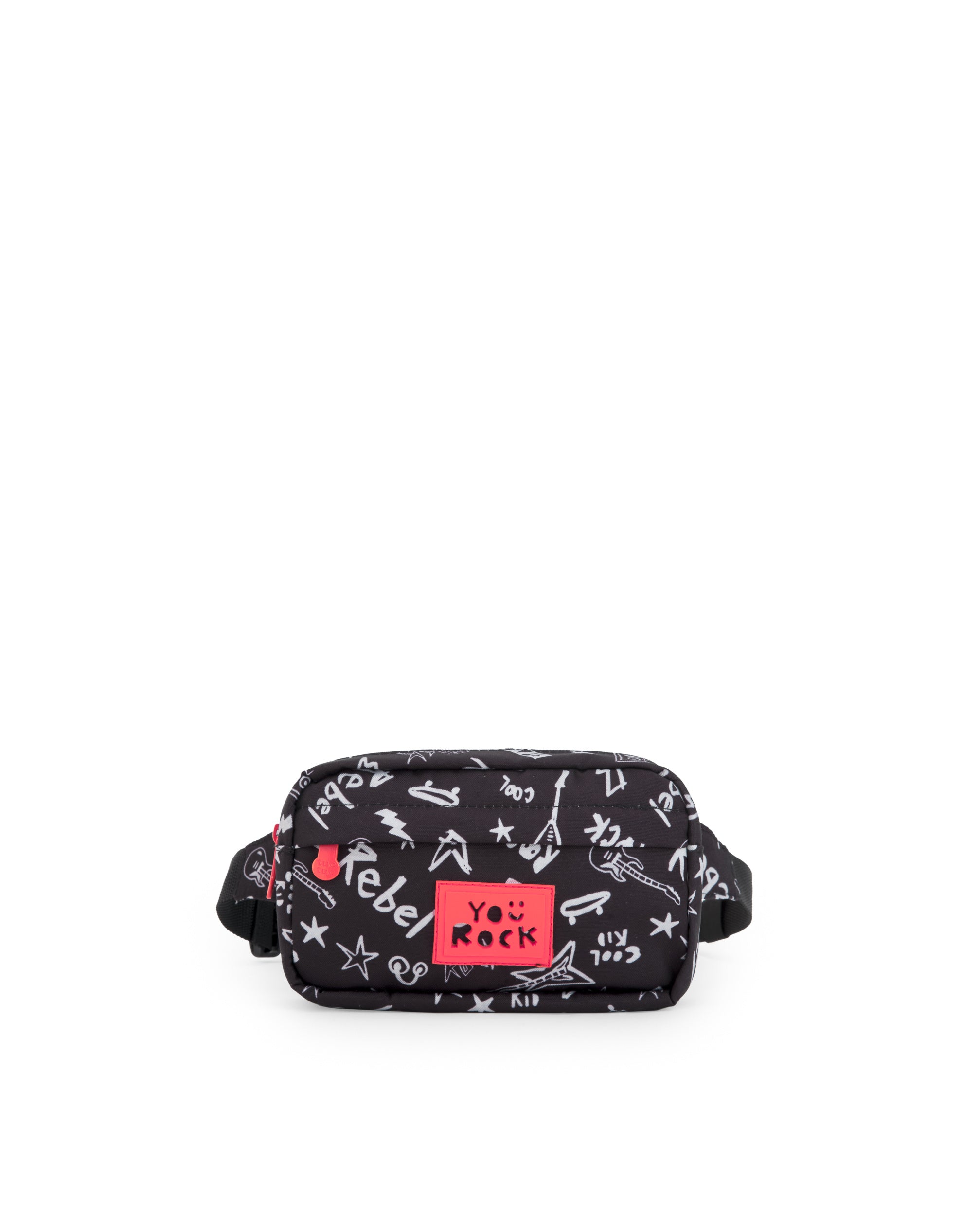 Riñonera negra de niño con estampado rockero