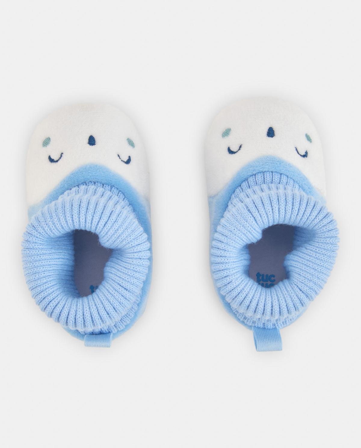 Zapatilla de recién nacido en azul con diseño de ratita bordada
