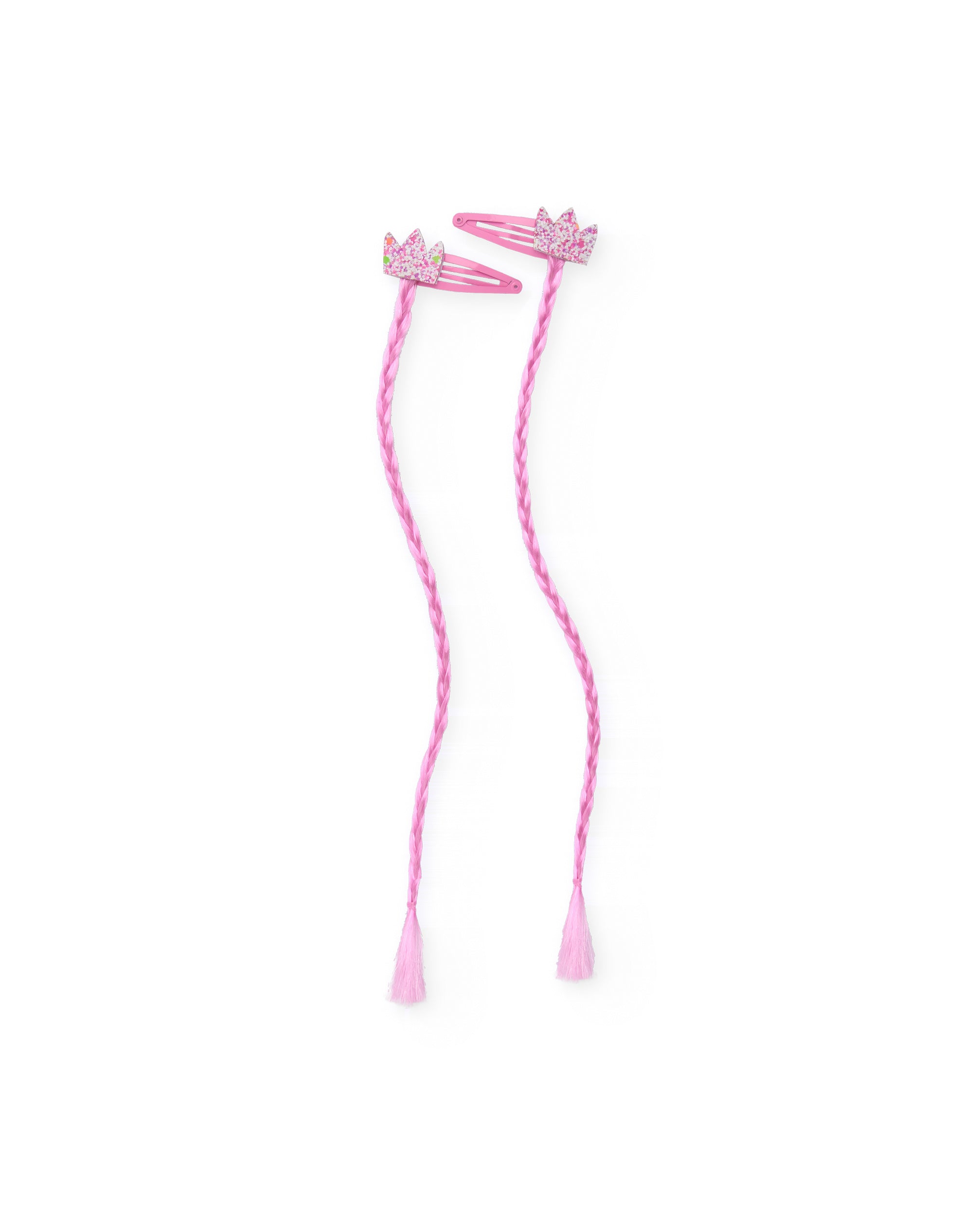 Pinzas para niña con trenza rosa y corona en glitter multicolor